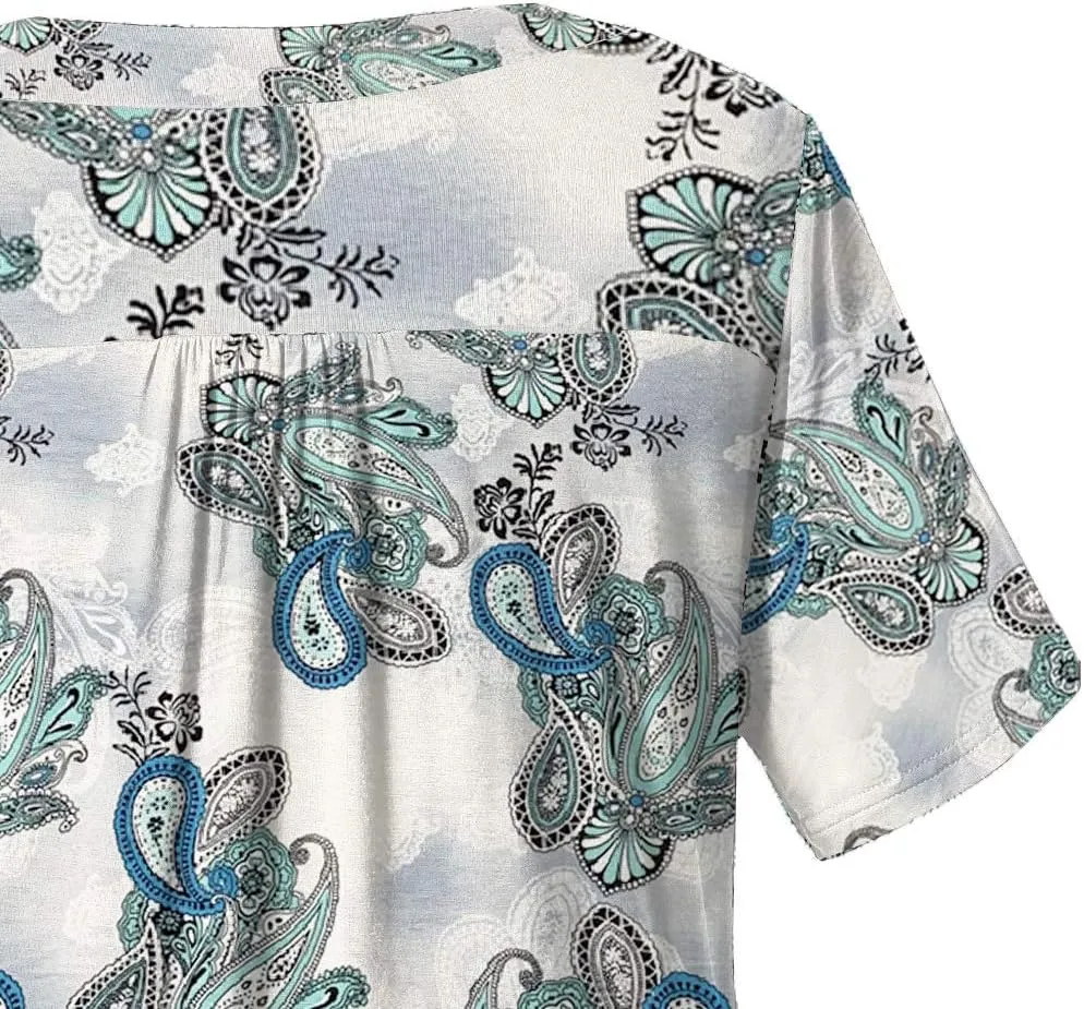 FOLUNSI Womens Plus Size Short Sleeve Henley Shirt V Neck Floral Blouses Tunic Tops M-4XL