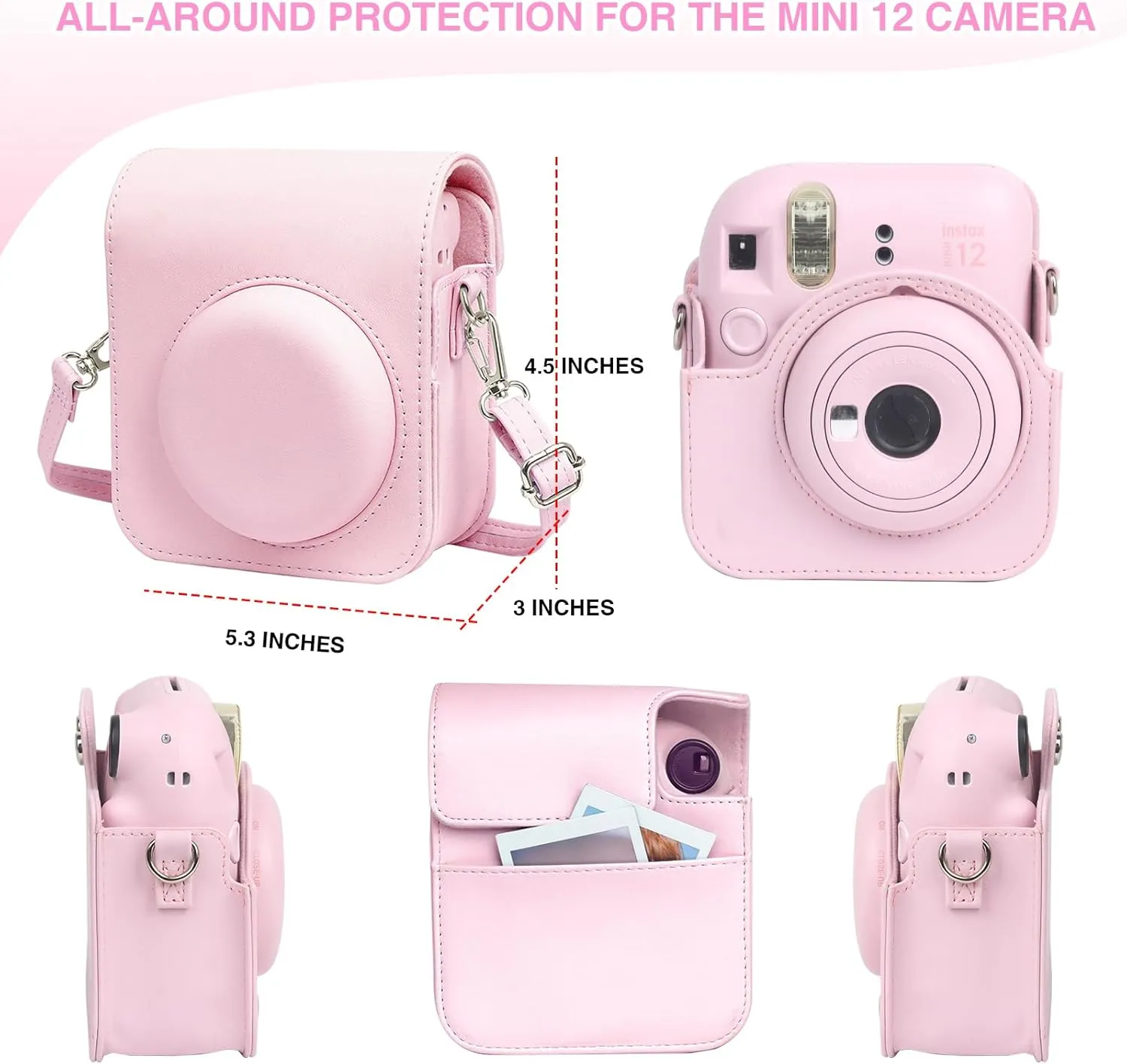 Fujifilm Instax Mini 12 Protective Case, PU Leather Bag with Magnetic Closure and Back Pocket, 64 Mini Photo Album and Adjustable Shoulder Strap (Pink)