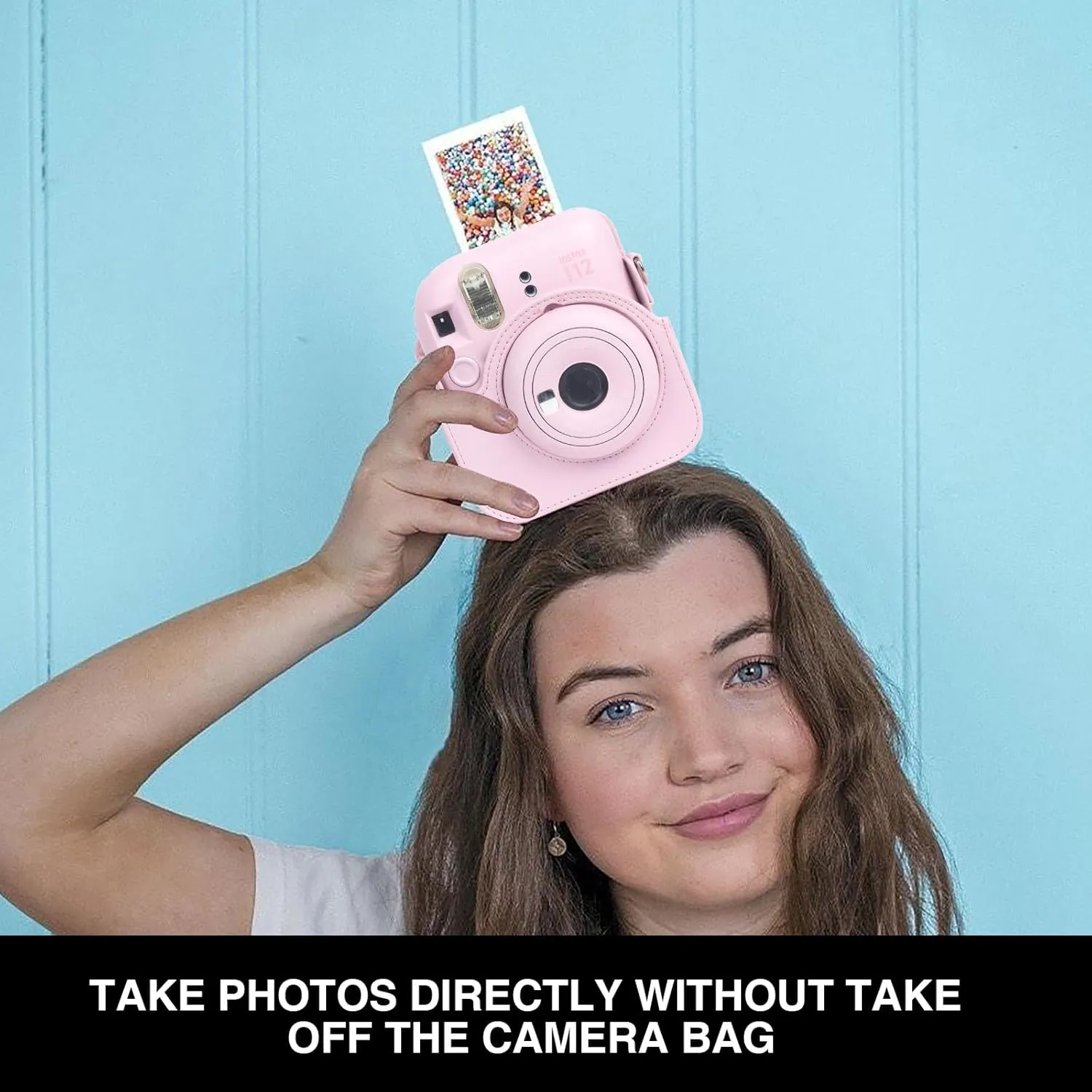 Fujifilm Instax Mini 12 Protective Case, PU Leather Bag with Magnetic Closure and Back Pocket, 64 Mini Photo Album and Adjustable Shoulder Strap (Pink)