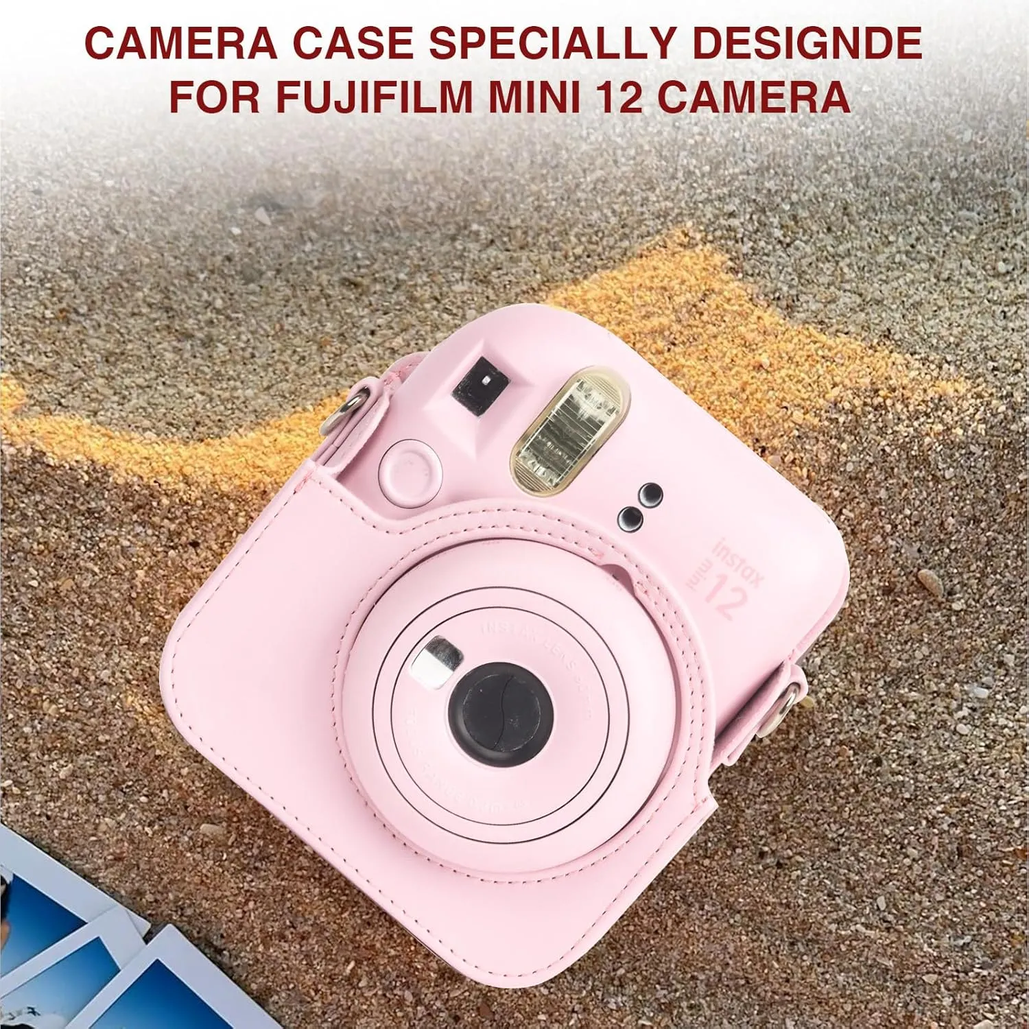 Fujifilm Instax Mini 12 Protective Case, PU Leather Bag with Magnetic Closure and Back Pocket, 64 Mini Photo Album and Adjustable Shoulder Strap (Pink)