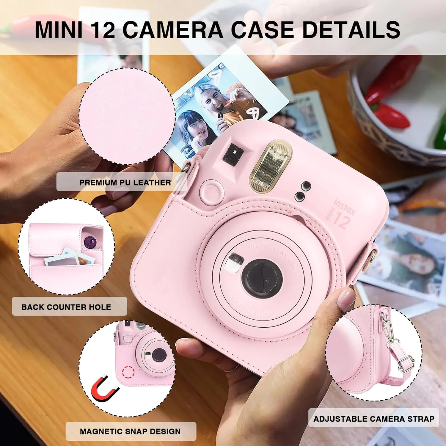 Fujifilm Instax Mini 12 Protective Case, PU Leather Bag with Magnetic Closure and Back Pocket, 64 Mini Photo Album and Adjustable Shoulder Strap (Pink)