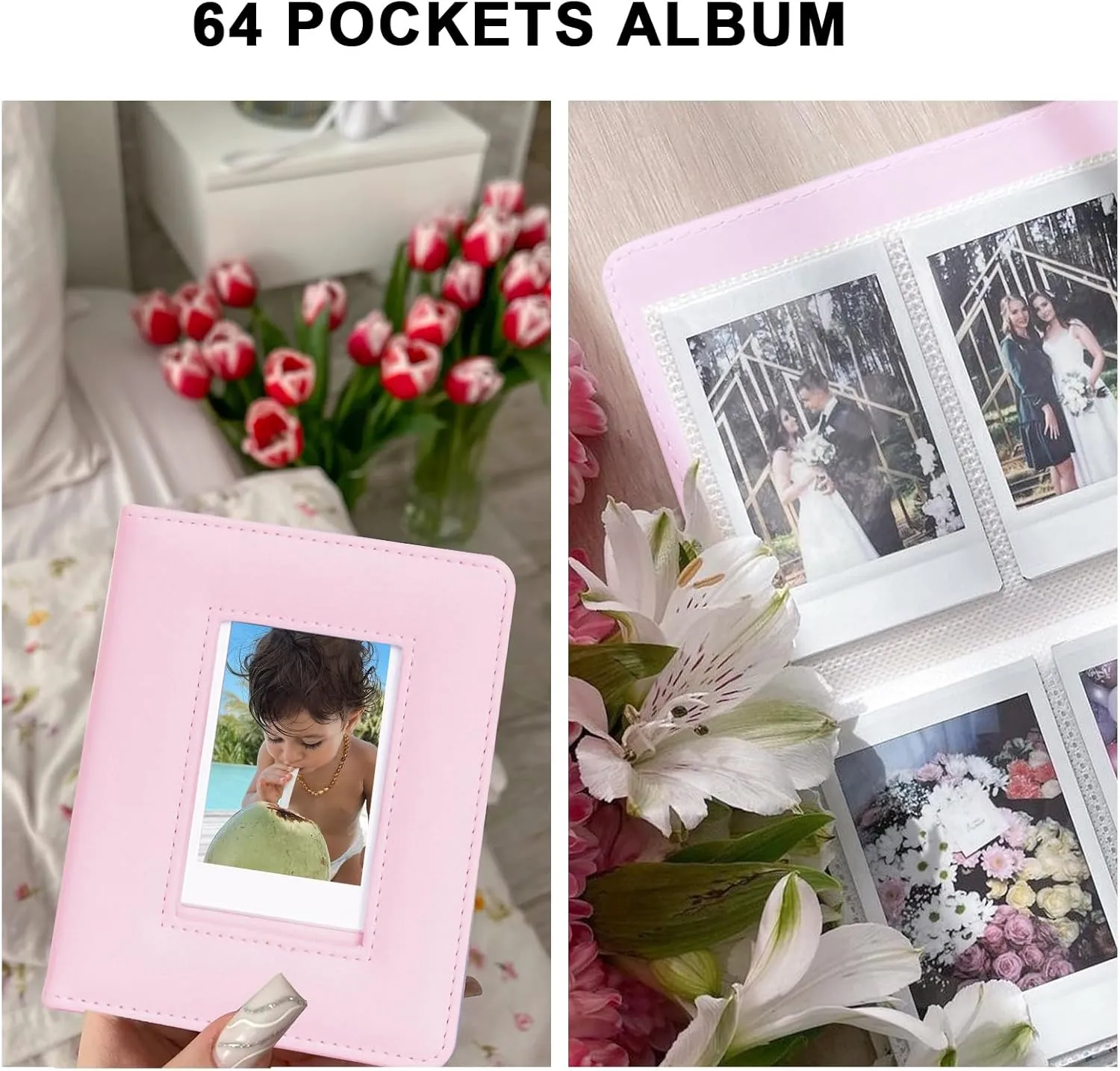 Fujifilm Instax Mini 12 Protective Case, PU Leather Bag with Magnetic Closure and Back Pocket, 64 Mini Photo Album and Adjustable Shoulder Strap (Pink)