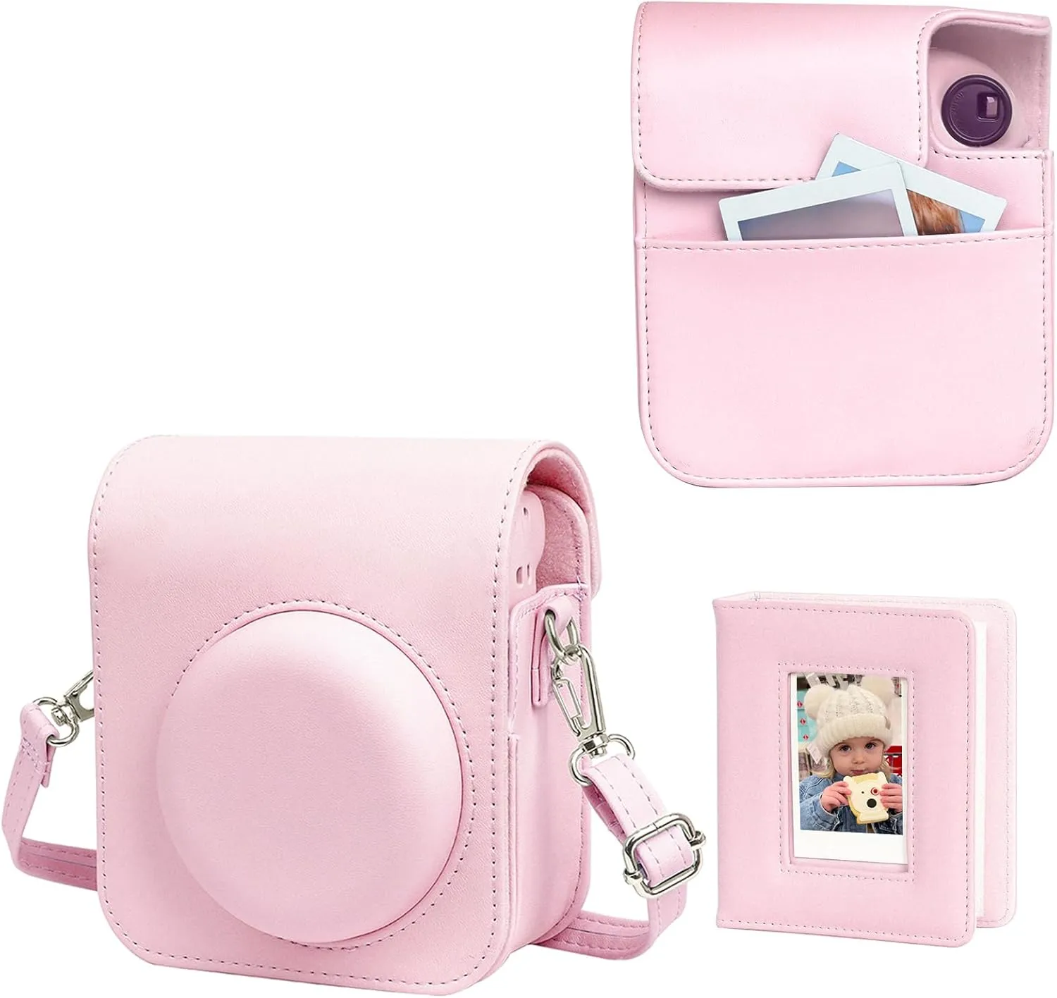 Fujifilm Instax Mini 12 Protective Case, PU Leather Bag with Magnetic Closure and Back Pocket, 64 Mini Photo Album and Adjustable Shoulder Strap (Pink)