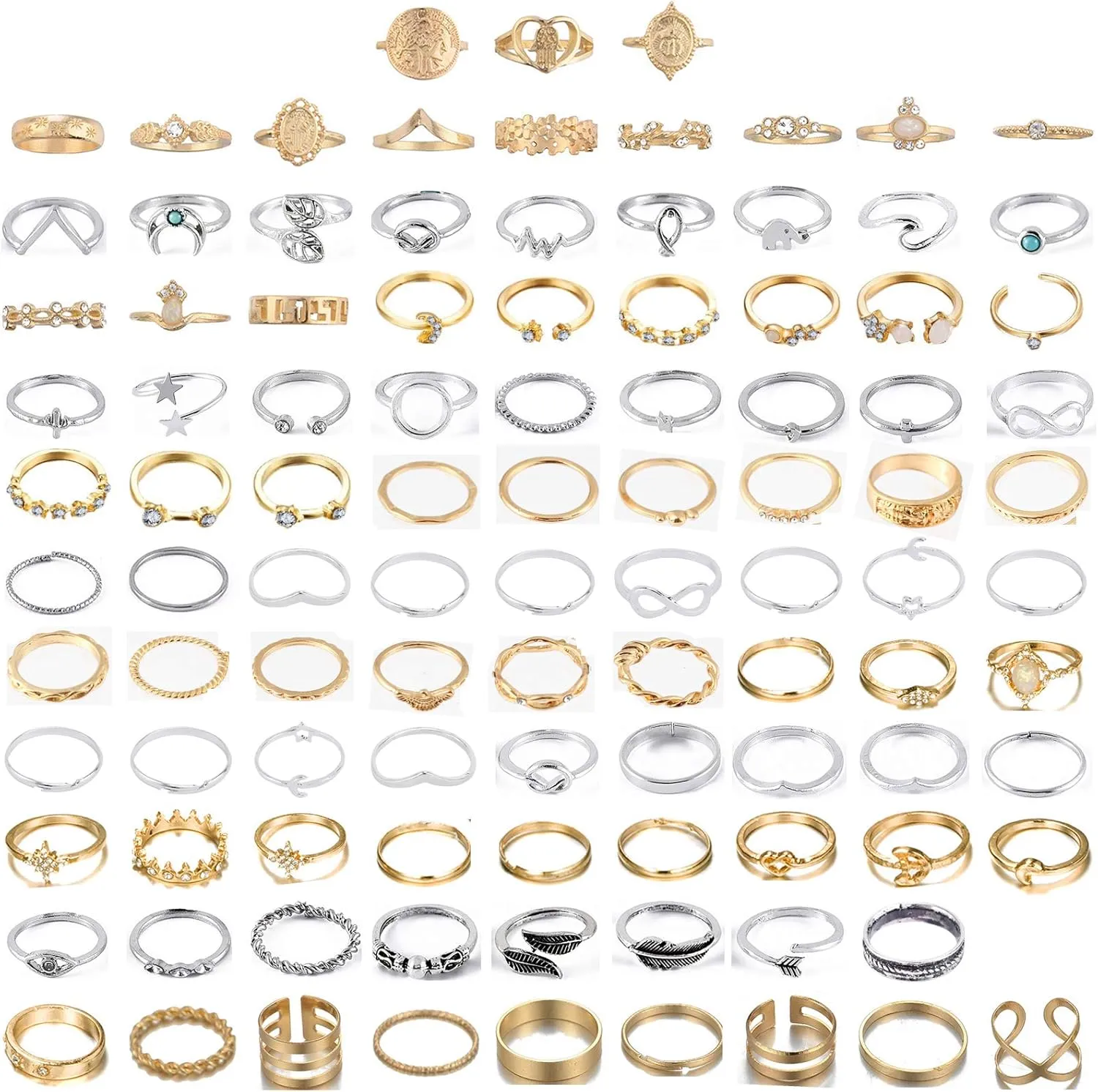 FUTIMELY 62-101Pcs Vintage Knuckle Rings Set Stackable Midi Rings for Women Bohemian Gold Silver Rings Crystal Joint Finger Rings Set