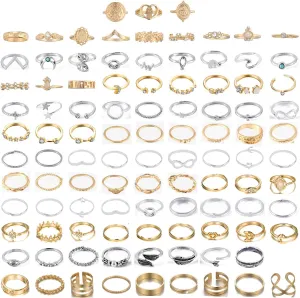 FUTIMELY 62-101Pcs Vintage Knuckle Rings Set Stackable Midi Rings for Women Bohemian Gold Silver Rings Crystal Joint Finger Rings Set