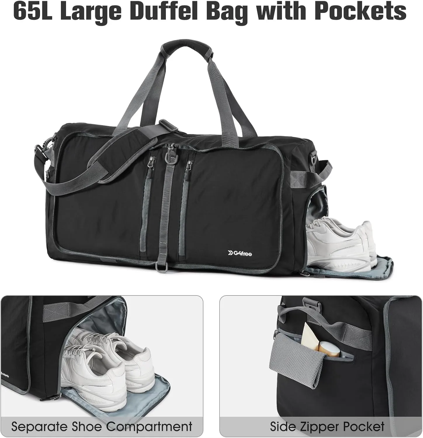 G4Free 65L Foldable Duffle Bag with Shoe Compartment for Travel Large Overnight Carry On Duffel Bag Packable for Men