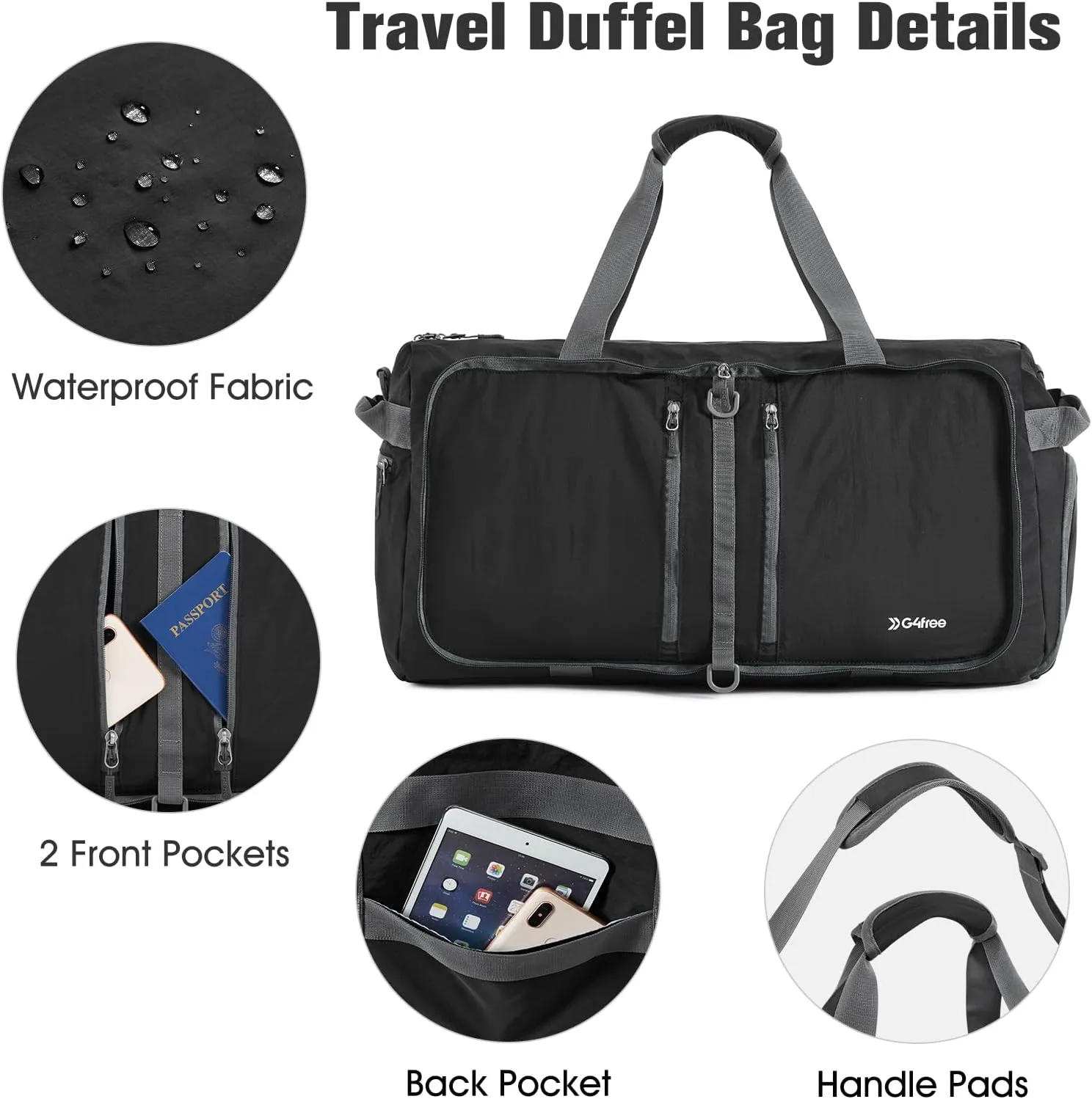 G4Free 65L Foldable Duffle Bag with Shoe Compartment for Travel Large Overnight Carry On Duffel Bag Packable for Men
