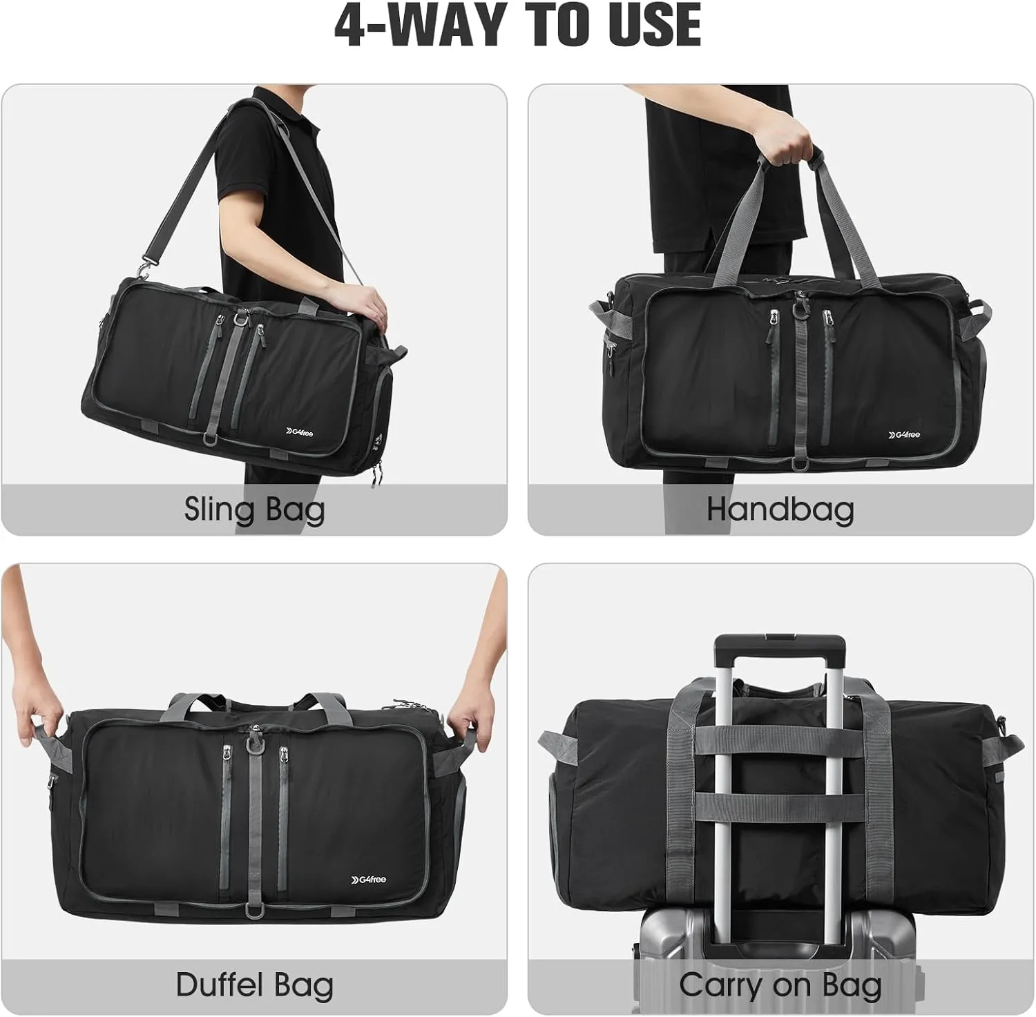 G4Free 65L Foldable Duffle Bag with Shoe Compartment for Travel Large Overnight Carry On Duffel Bag Packable for Men