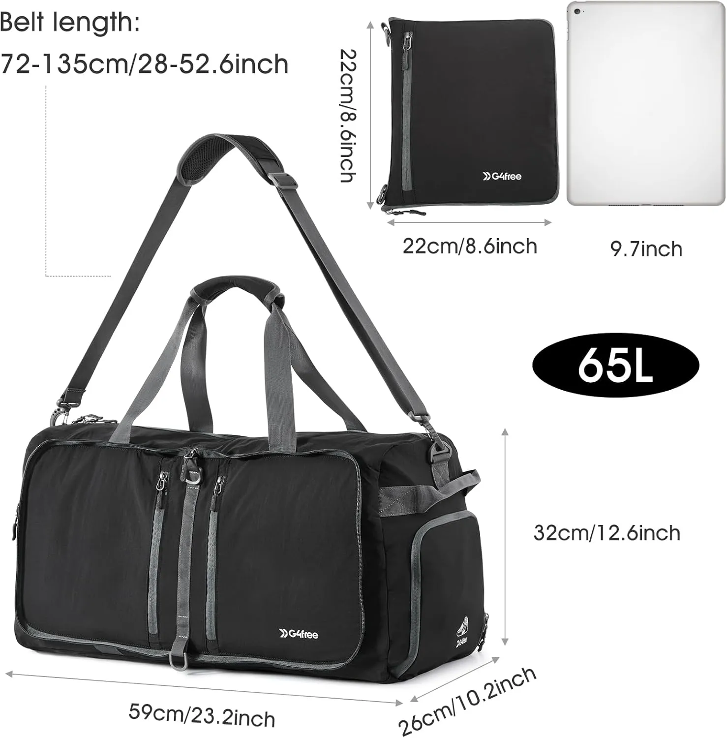 G4Free 65L Foldable Duffle Bag with Shoe Compartment for Travel Large Overnight Carry On Duffel Bag Packable for Men