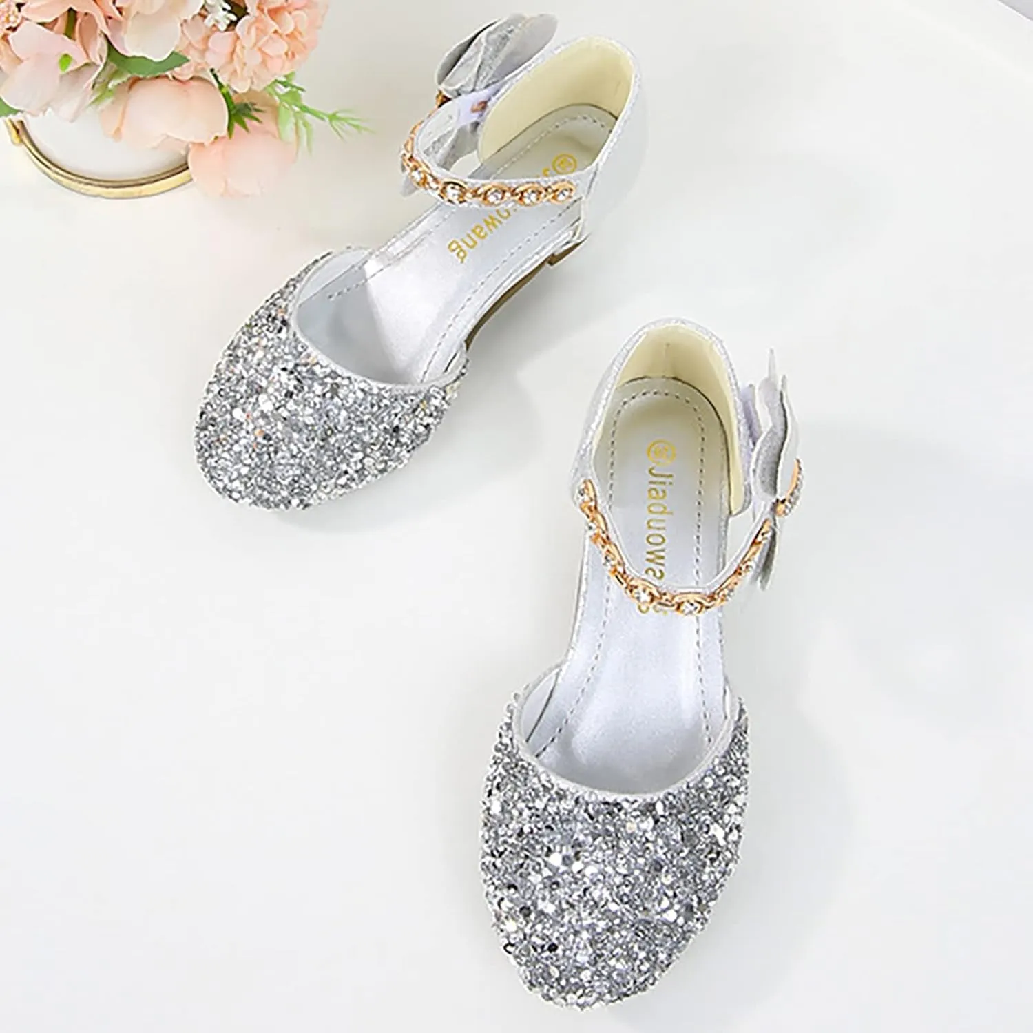 Girls Mary Jane Dress Shoes Rhinestones Bows Low Heels Flower Girl Wedding Pump Shoes Toddler Sandals Kids