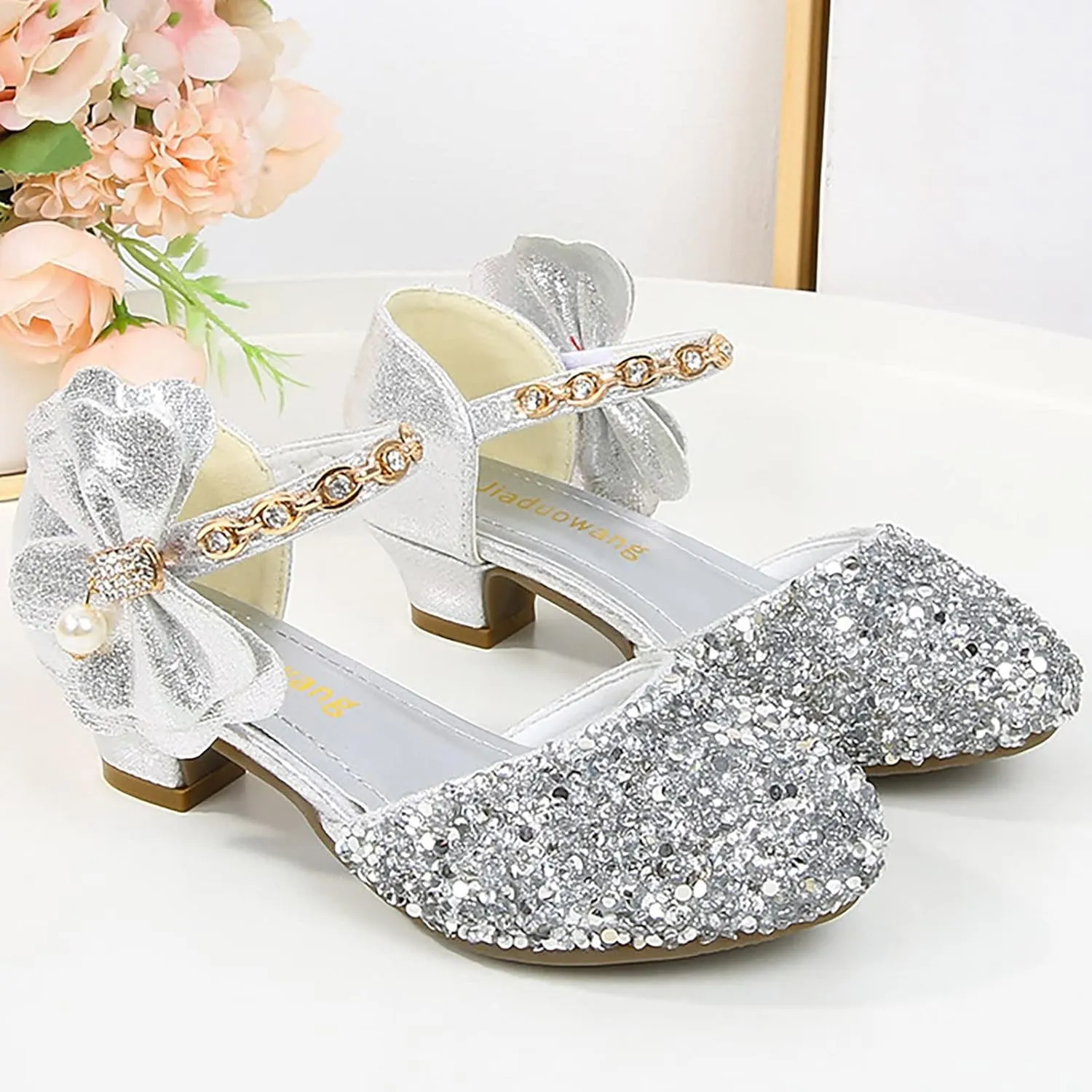 Girls Mary Jane Dress Shoes Rhinestones Bows Low Heels Flower Girl Wedding Pump Shoes Toddler Sandals Kids