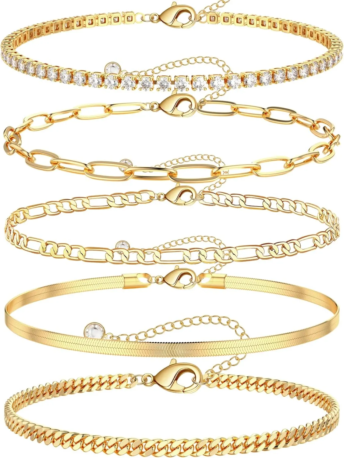 Gold Ankle Bracelets for Women 14k Gold Plated Beach Waterproof Layered Cuban Figaro Anklets Set Stackable Foot Jewelry for Gift