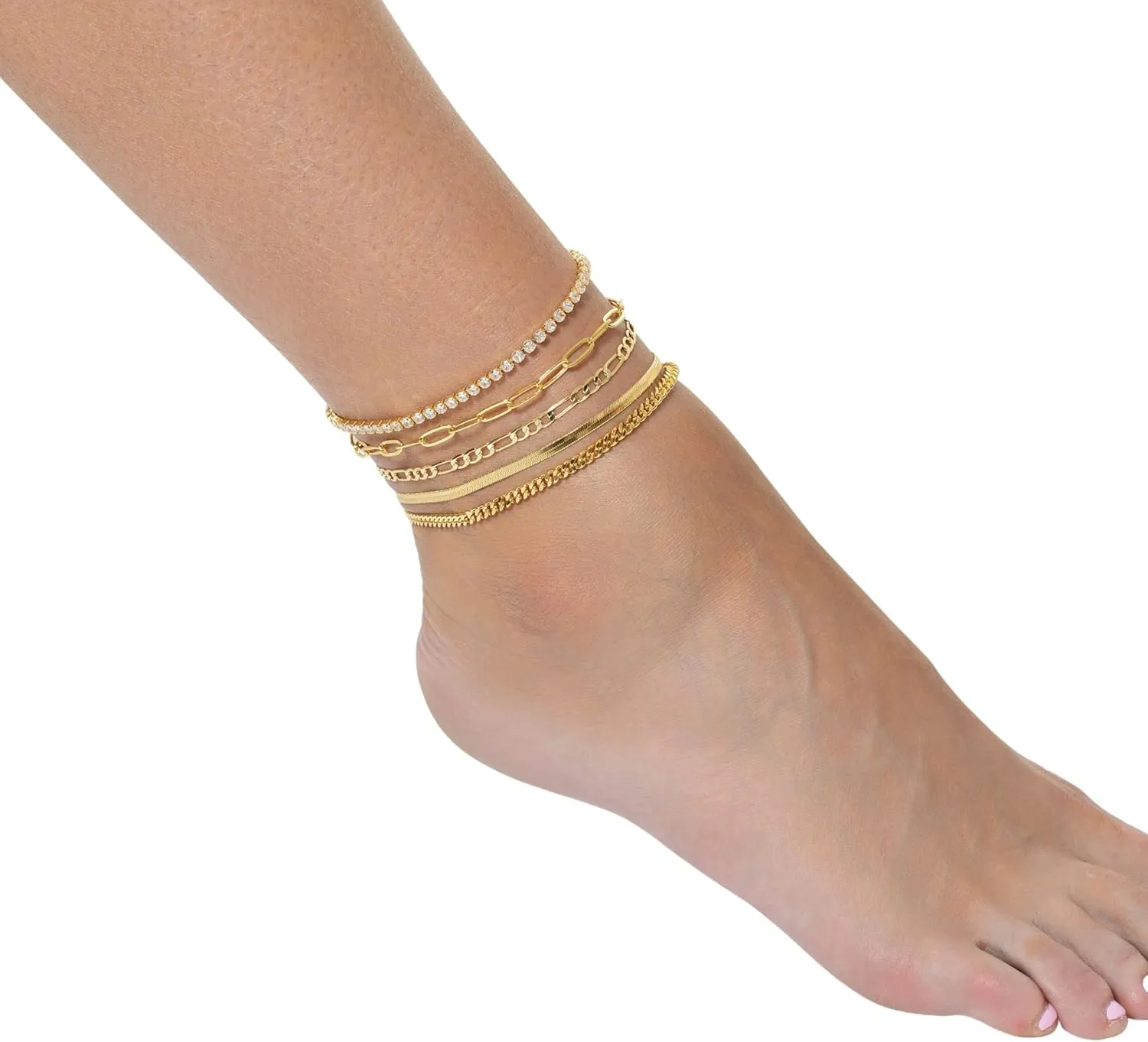 Gold Ankle Bracelets for Women 14k Gold Plated Beach Waterproof Layered Cuban Figaro Anklets Set Stackable Foot Jewelry for Gift