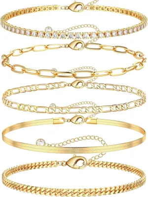 Gold Ankle Bracelets for Women 14k Gold Plated Beach Waterproof Layered Cuban Figaro Anklets Set Stackable Foot Jewelry for Gift