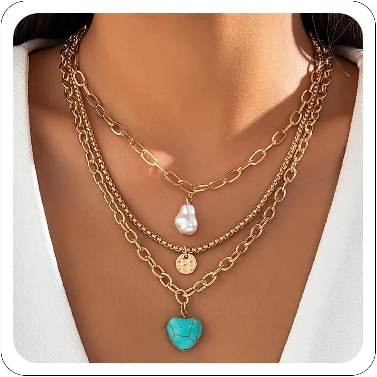 Gold Layered Necklaces Country Concert Outfits for Women Western Turquoise Pearl Necklace Boho Jewelry Cowboy Cowgirl Necklaces Vintage Bohemian Accessorie Christmas