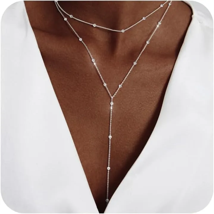 Gold Necklace for Women Trendy Lariat Y Necklace Dainty 14k Gold Plated/Silver Long Necklaces for Women Layered Beaded Drop Necklaces Simple Y-Shaped Chain Jewelry Gifts