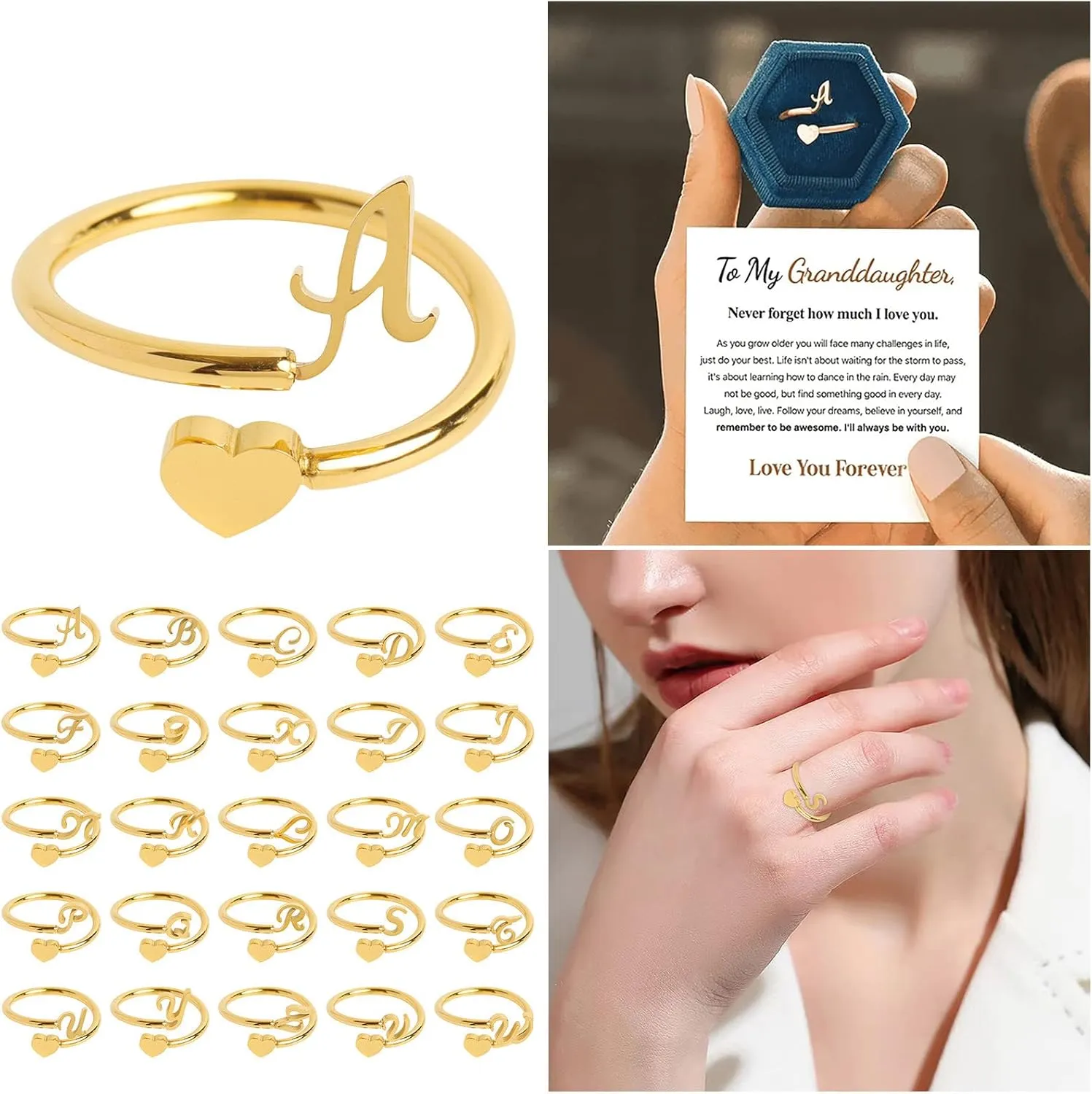 Gold Rings for Women Non Tarnish Adjustable Initial Rings for Teen Girls Cute Heart Alphabet Letter Rings for Teen Girls