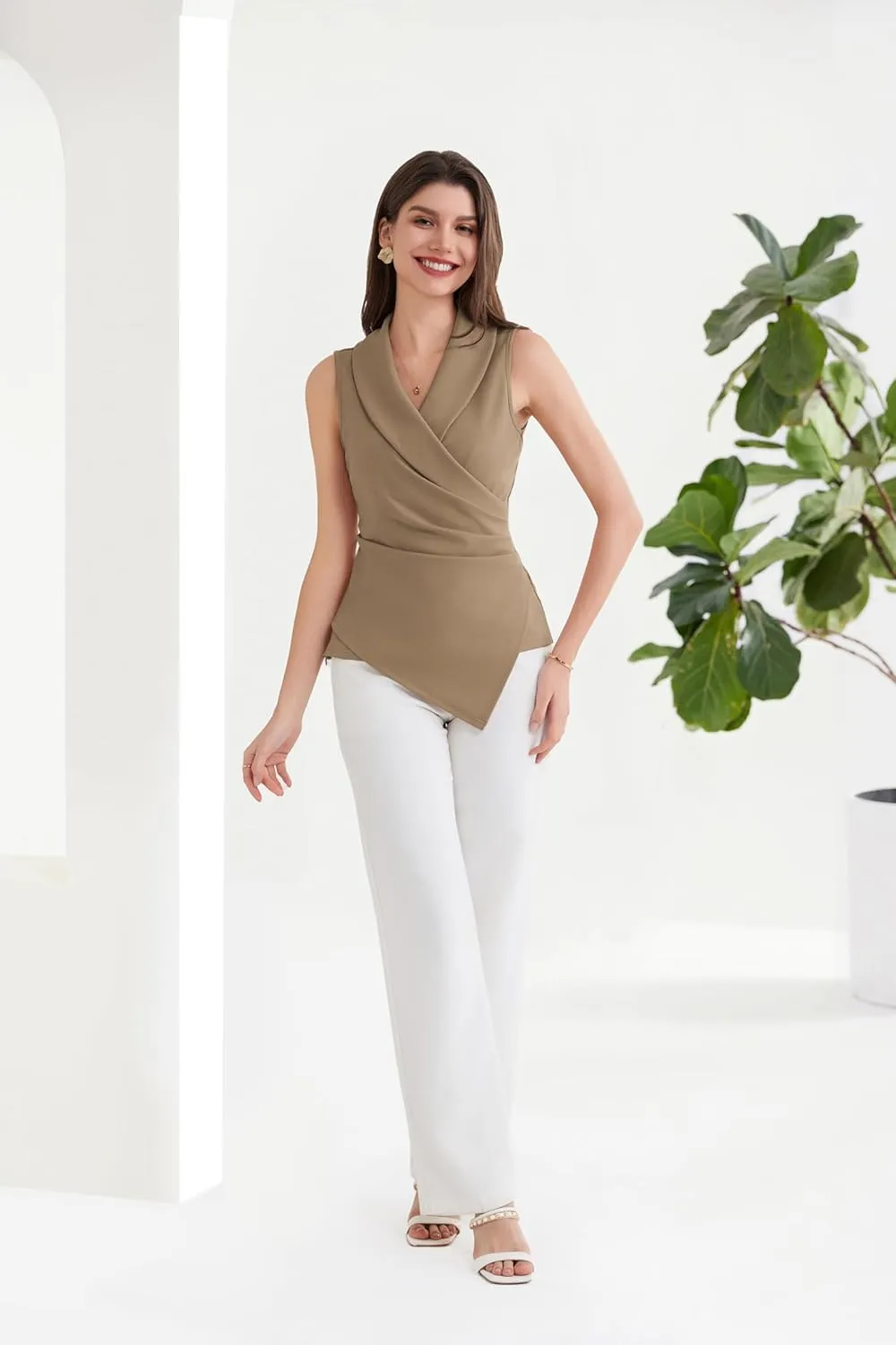 GRACE KARIN Women's Wrap V Neck Casual Work Tops Sleeveless Office Dressy Summer Blouse Asymmetrical Elegant Shirts