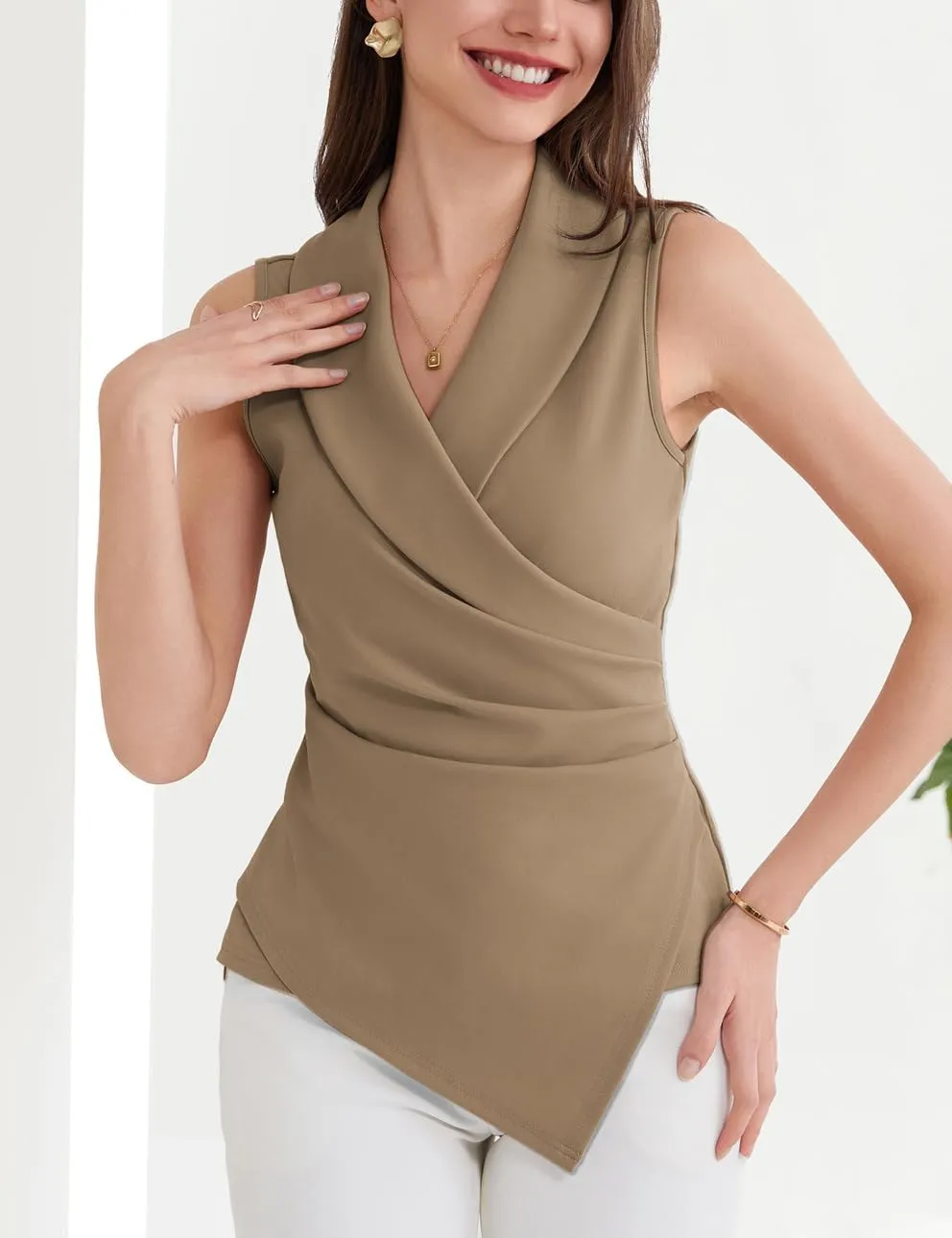 GRACE KARIN Women's Wrap V Neck Casual Work Tops Sleeveless Office Dressy Summer Blouse Asymmetrical Elegant Shirts
