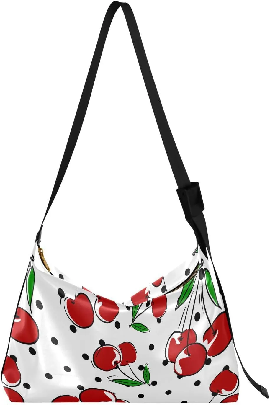 Hand Drawn Cherry Print Hobo Crossbody Bags for Women Leather Large Shoulder Bag Cross Body Trendy Womens Tote Bags Handbag for Travel Shopping