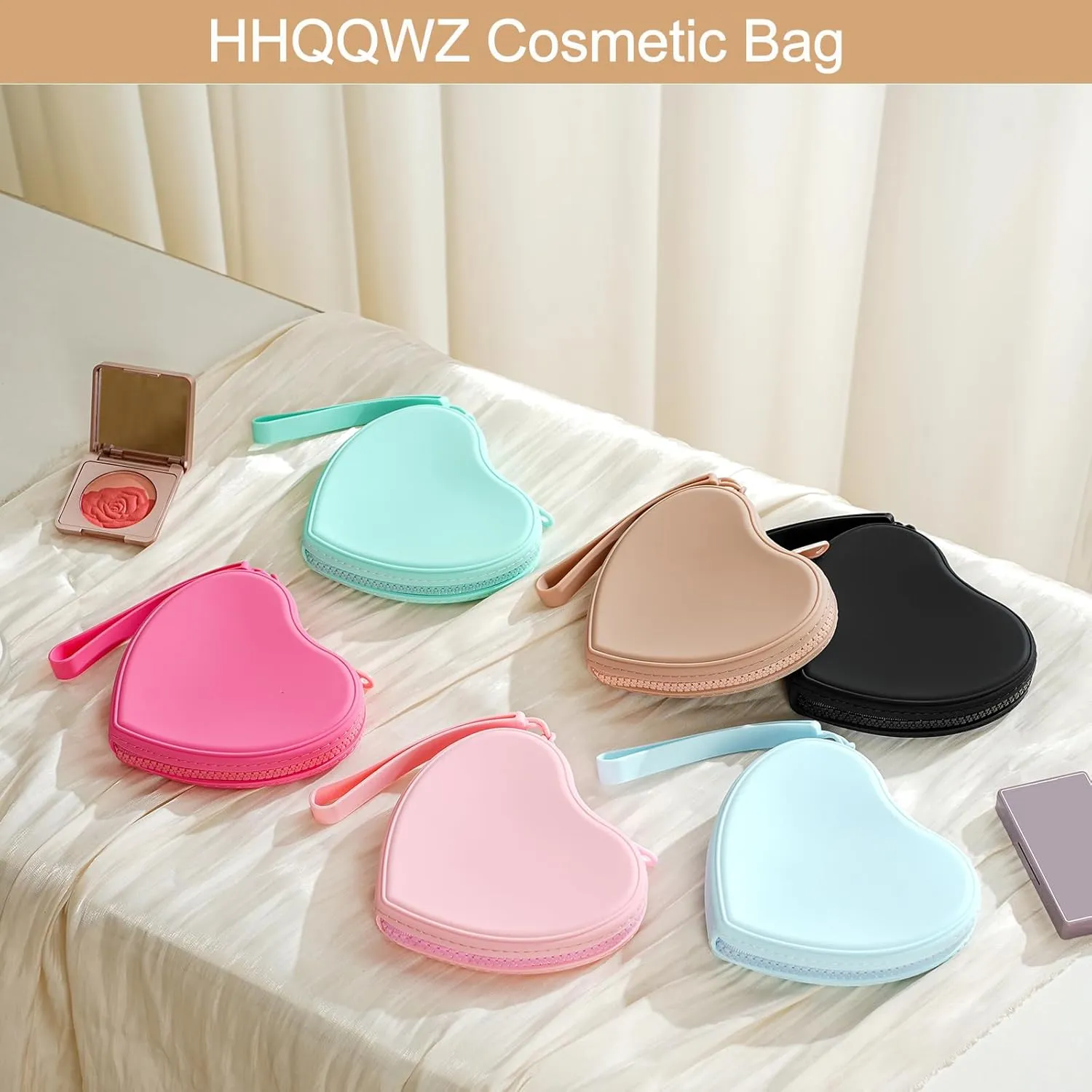 Heart Shaped Portable Silicone Makeup Bag for Women Girls, Small Travel Lovely Waterproof Toiletry Cosmetic Bag, Zipper Closure Organizer Heart Makeup Case with Handle (Black)