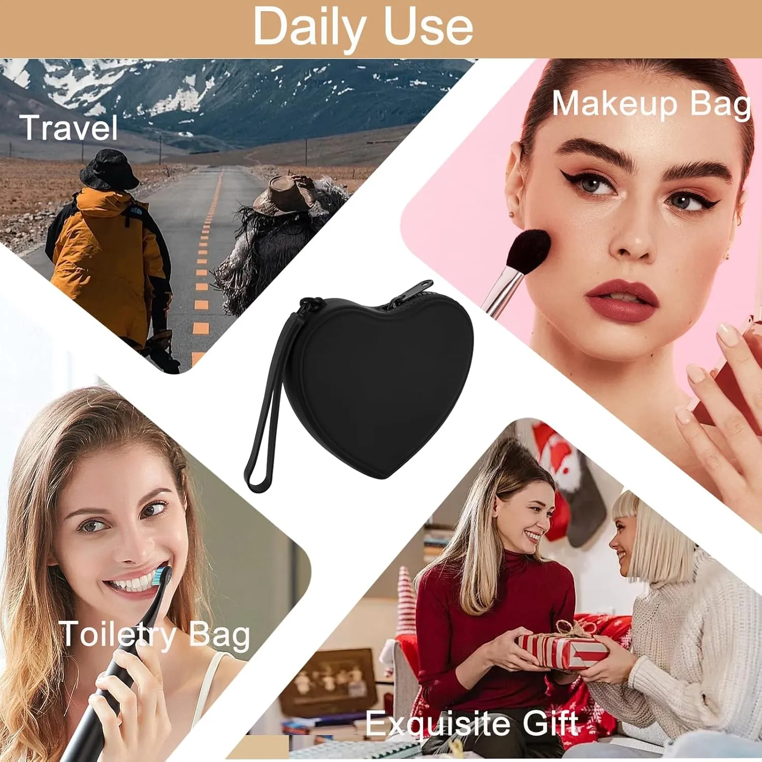 Heart Shaped Portable Silicone Makeup Bag for Women Girls, Small Travel Lovely Waterproof Toiletry Cosmetic Bag, Zipper Closure Organizer Heart Makeup Case with Handle (Black)