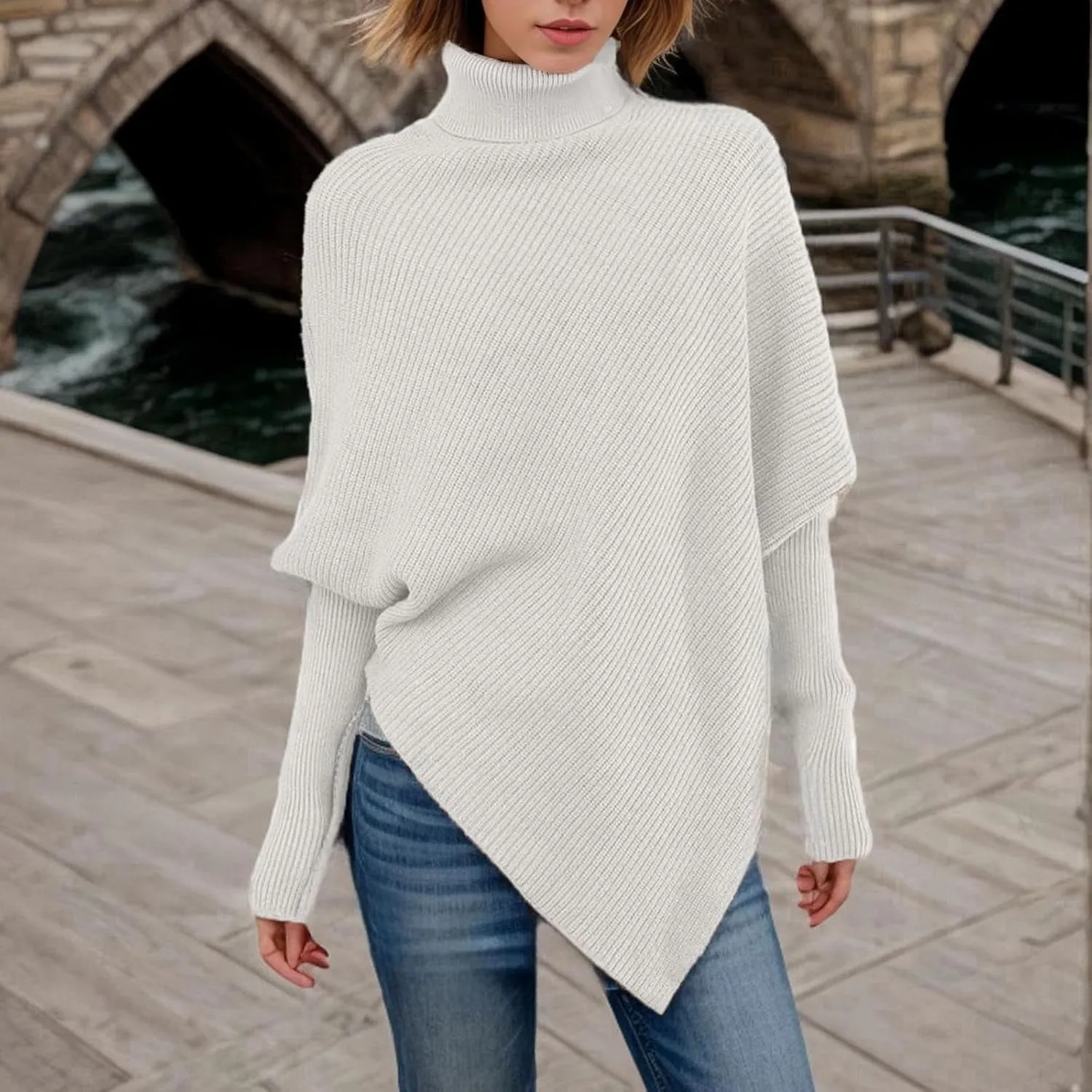 HGps8w Women's Long Sleeve Turtleneck Knit Sweater Asymmetric Hem Oversized Fall Winter Sweaters Casual Pullover Jumper Tops