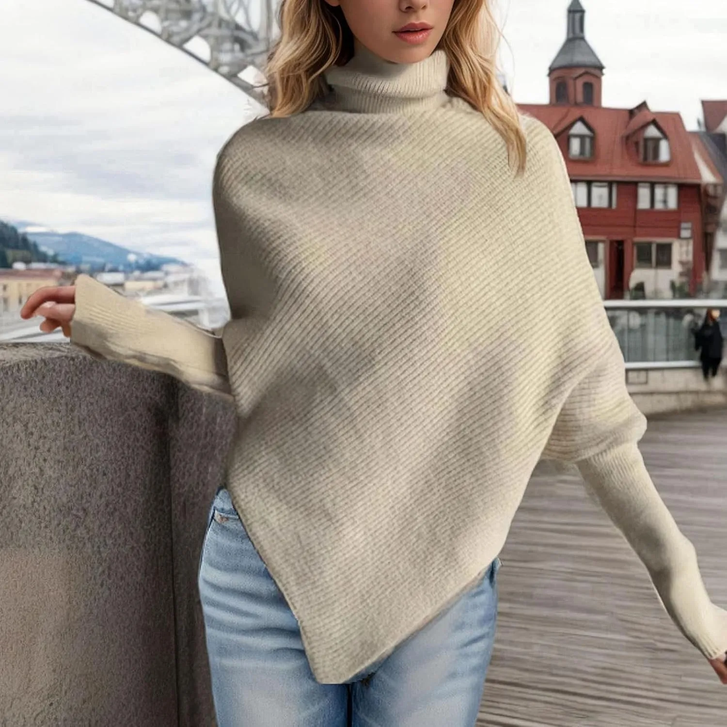 HGps8w Women's Long Sleeve Turtleneck Knit Sweater Asymmetric Hem Oversized Fall Winter Sweaters Casual Pullover Jumper Tops