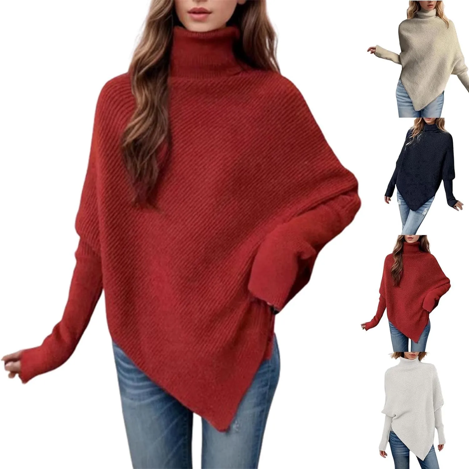 HGps8w Women's Long Sleeve Turtleneck Knit Sweater Asymmetric Hem Oversized Fall Winter Sweaters Casual Pullover Jumper Tops
