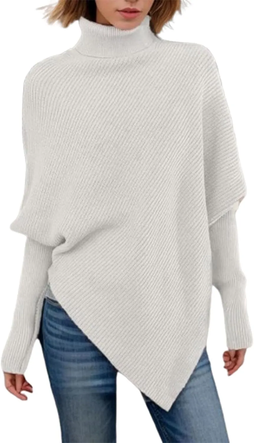 HGps8w Women's Long Sleeve Turtleneck Knit Sweater Asymmetric Hem Oversized Fall Winter Sweaters Casual Pullover Jumper Tops