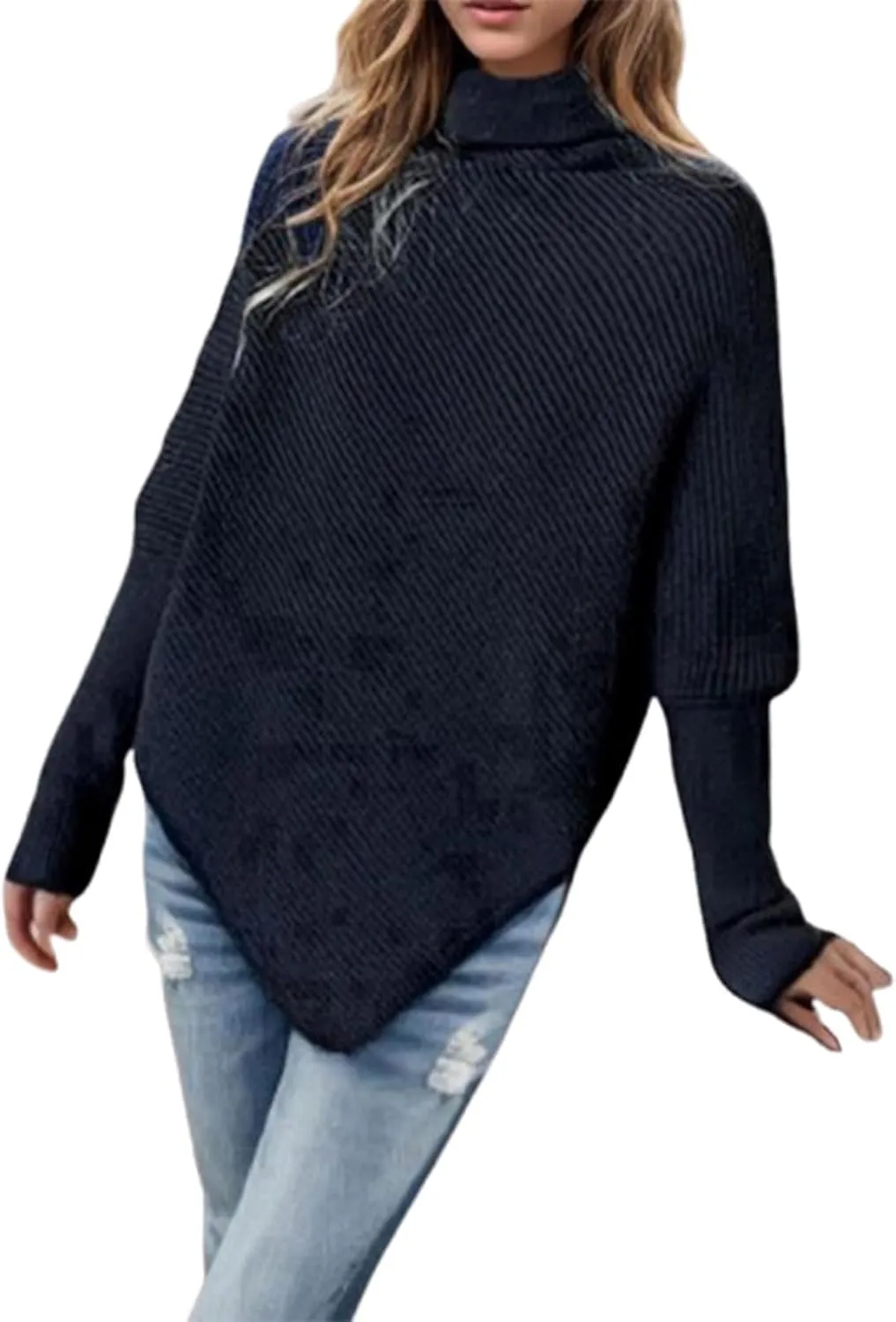HGps8w Women's Long Sleeve Turtleneck Knit Sweater Asymmetric Hem Oversized Fall Winter Sweaters Casual Pullover Jumper Tops