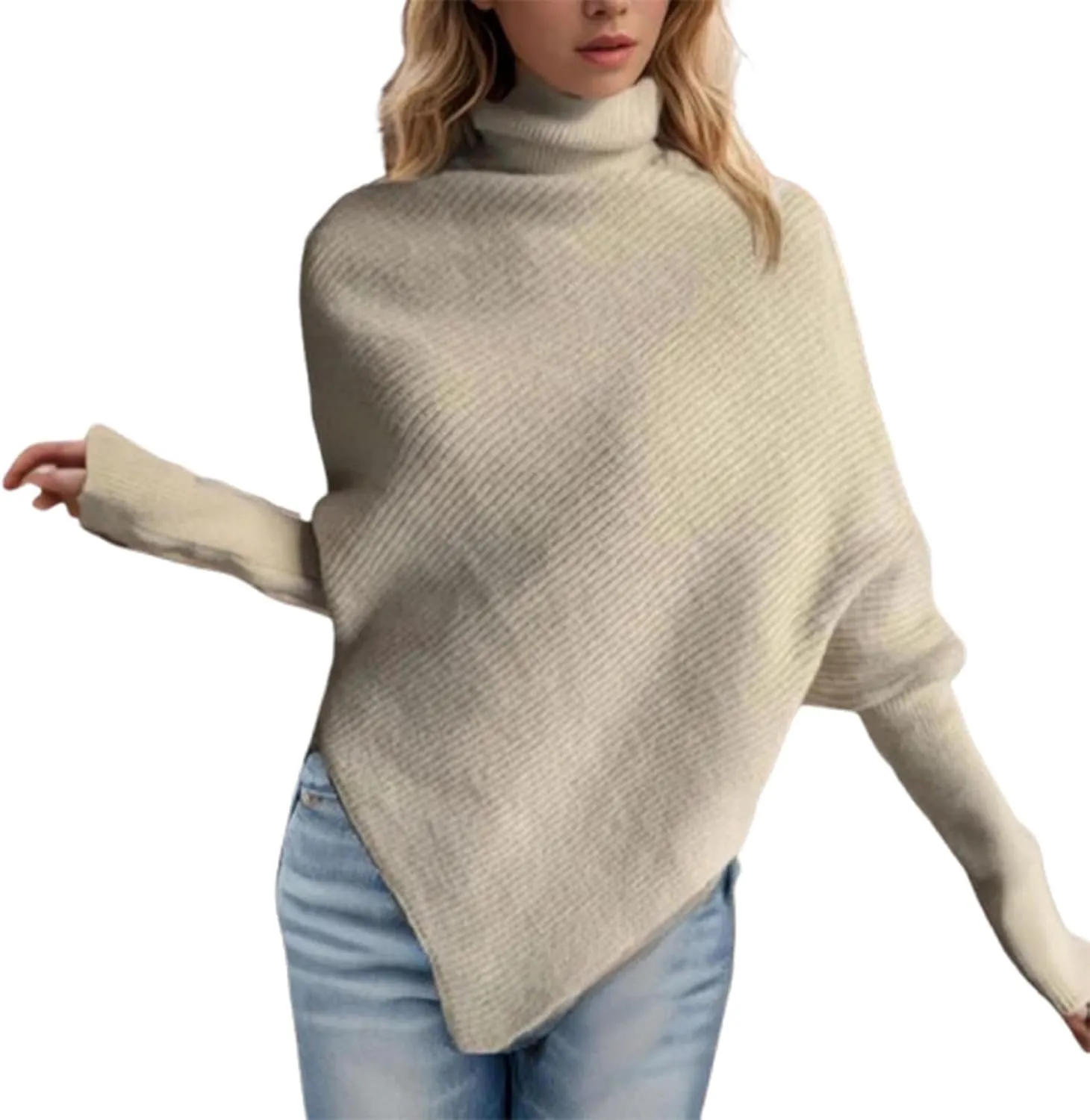 HGps8w Women's Long Sleeve Turtleneck Knit Sweater Asymmetric Hem Oversized Fall Winter Sweaters Casual Pullover Jumper Tops