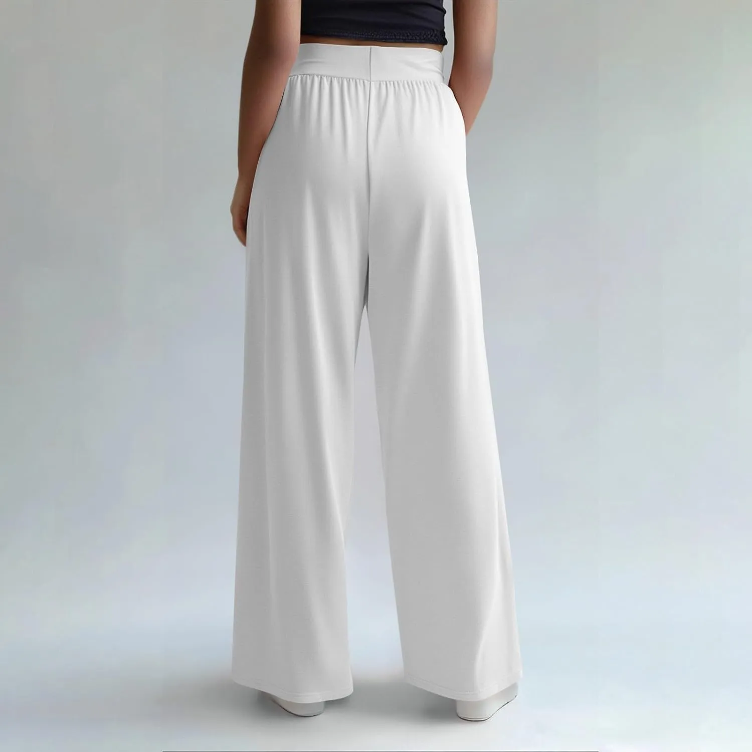High Waisted Trousers Women Flowy Long Wide Leg Sweatpants Loose Fit Pleated Pull On Vacation Trousers with Pockets