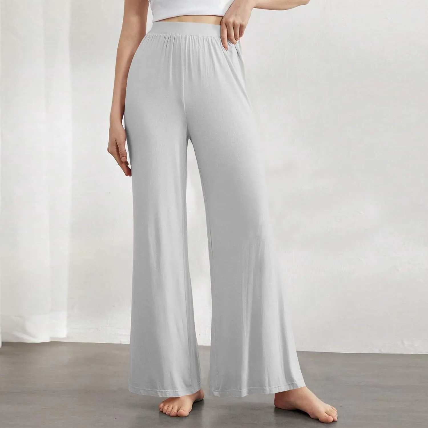High Waisted Trousers Women Flowy Long Wide Leg Sweatpants Loose Fit Pleated Pull On Vacation Trousers with Pockets