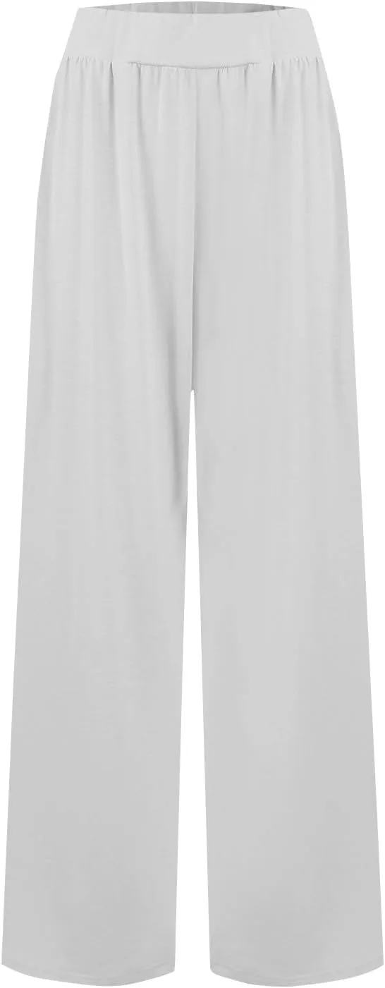 High Waisted Trousers Women Flowy Long Wide Leg Sweatpants Loose Fit Pleated Pull On Vacation Trousers with Pockets