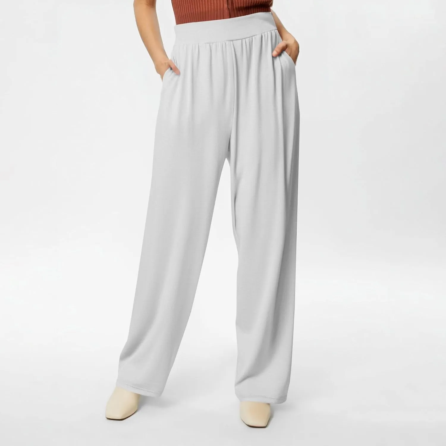 High Waisted Trousers Women Flowy Long Wide Leg Sweatpants Loose Fit Pleated Pull On Vacation Trousers with Pockets