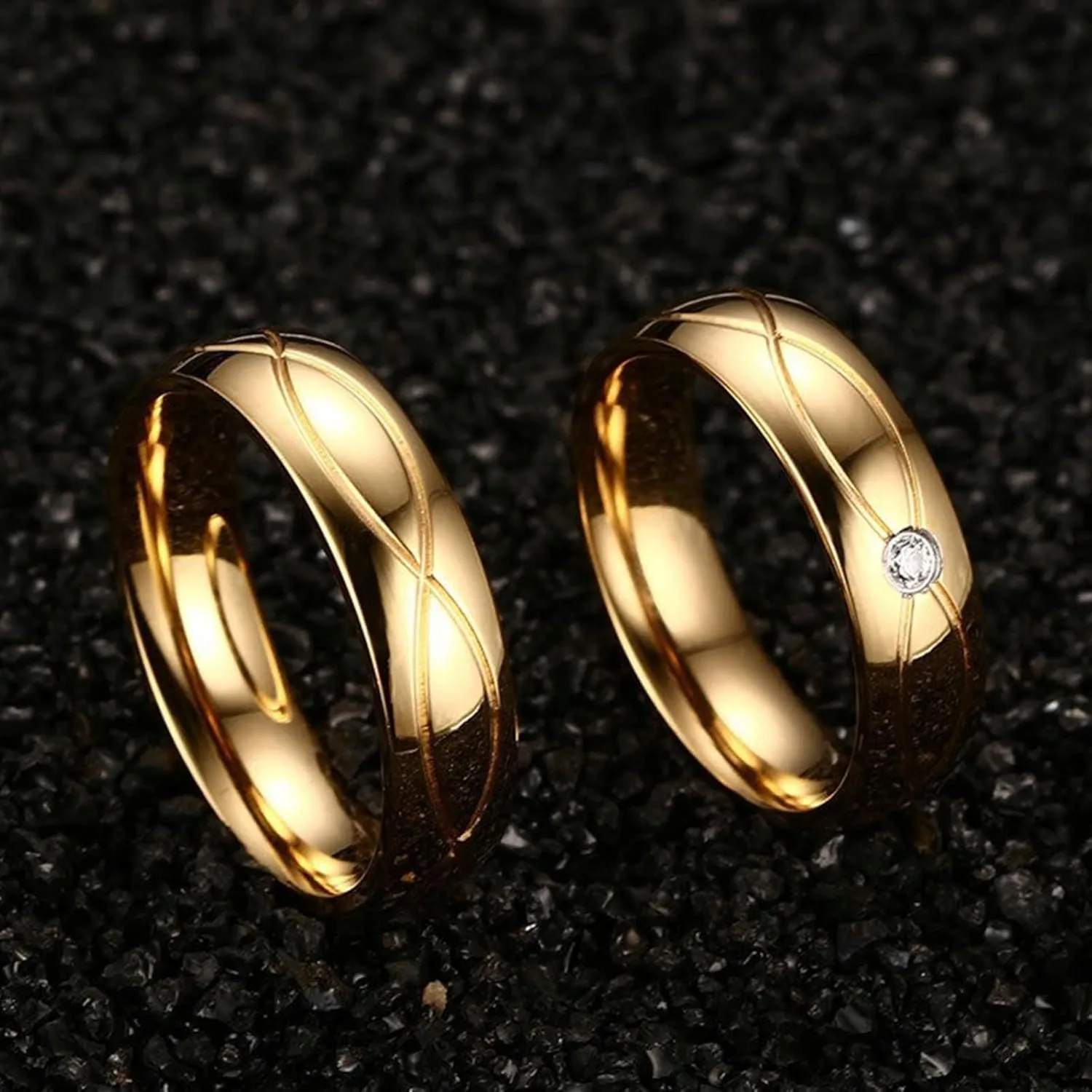 His and Her Couples Rings, Matching Wedding Rings Set Stainless Steel Comfort Fit 5mm Gold Ring with Cubic Zirconia