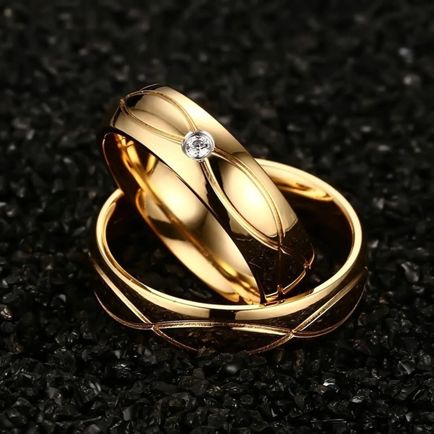 His and Her Couples Rings, Matching Wedding Rings Set Stainless Steel Comfort Fit 5mm Gold Ring with Cubic Zirconia