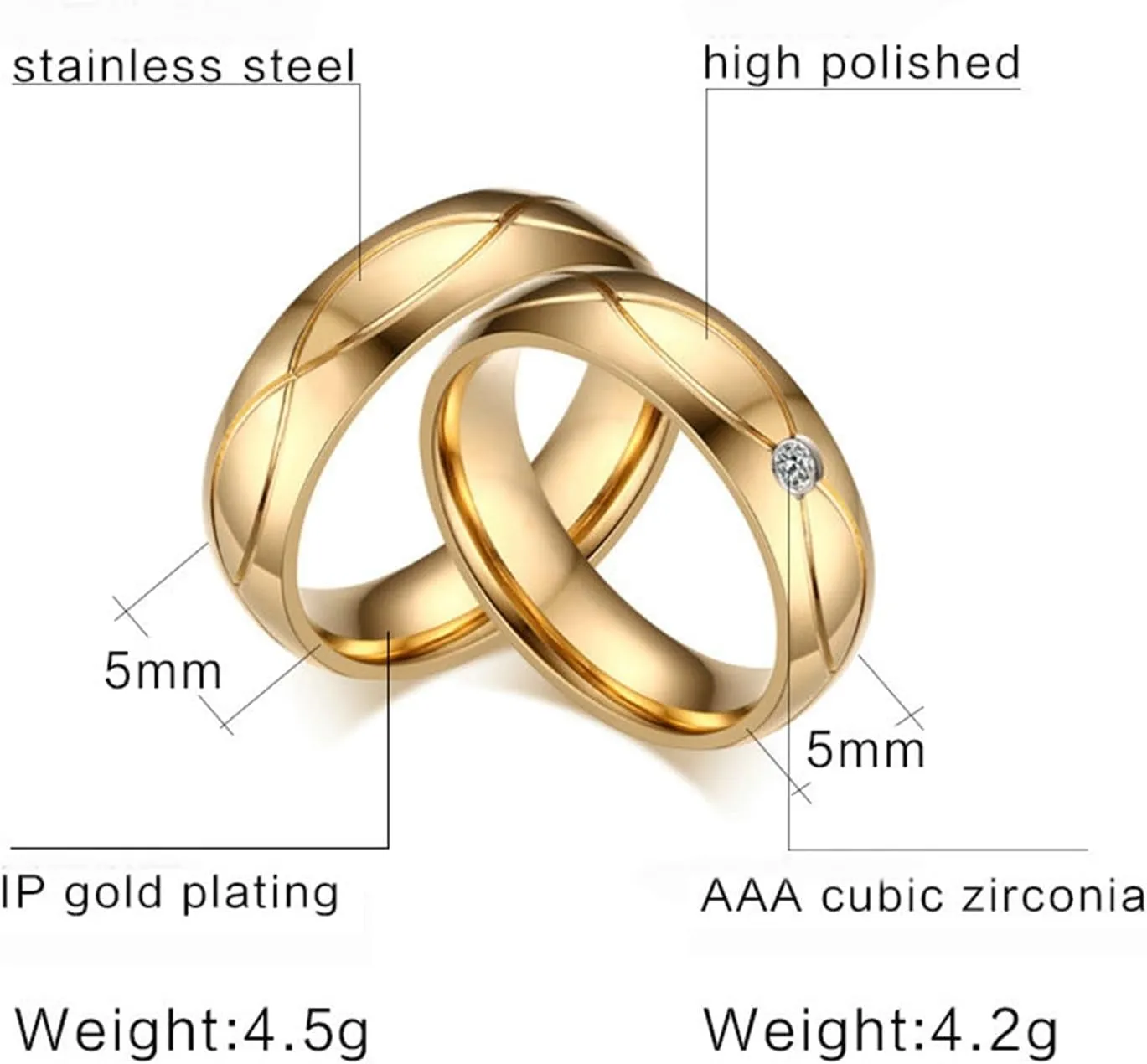 His and Her Couples Rings, Matching Wedding Rings Set Stainless Steel Comfort Fit 5mm Gold Ring with Cubic Zirconia