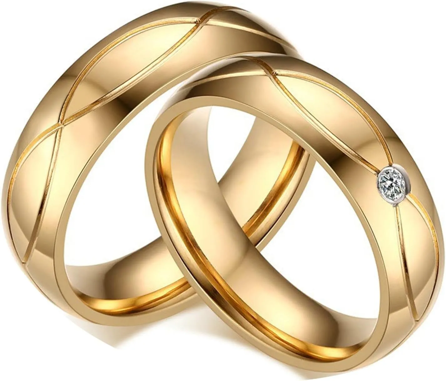His and Her Couples Rings, Matching Wedding Rings Set Stainless Steel Comfort Fit 5mm Gold Ring with Cubic Zirconia