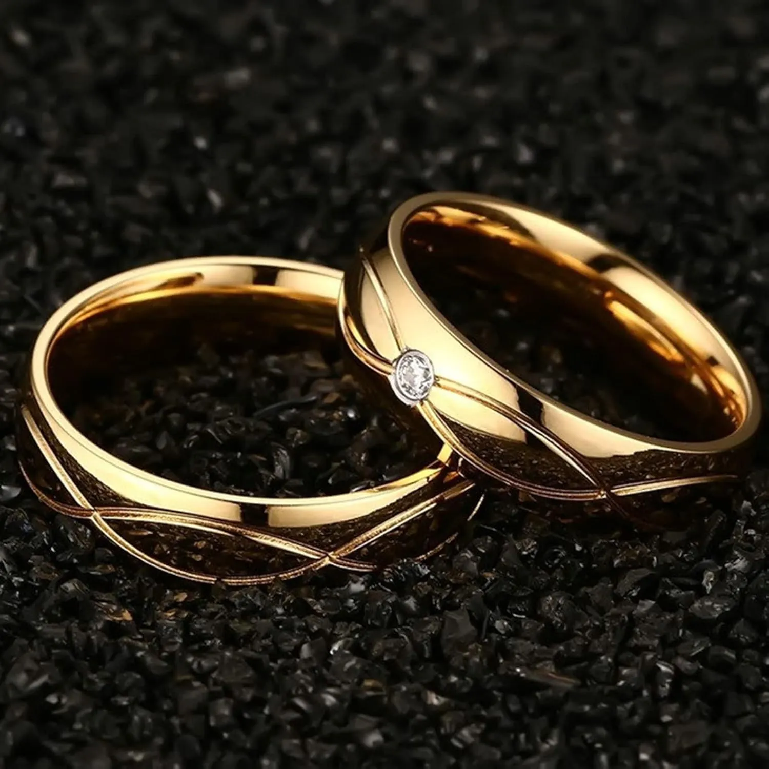 His and Her Couples Rings, Matching Wedding Rings Set Stainless Steel Comfort Fit 5mm Gold Ring with Cubic Zirconia