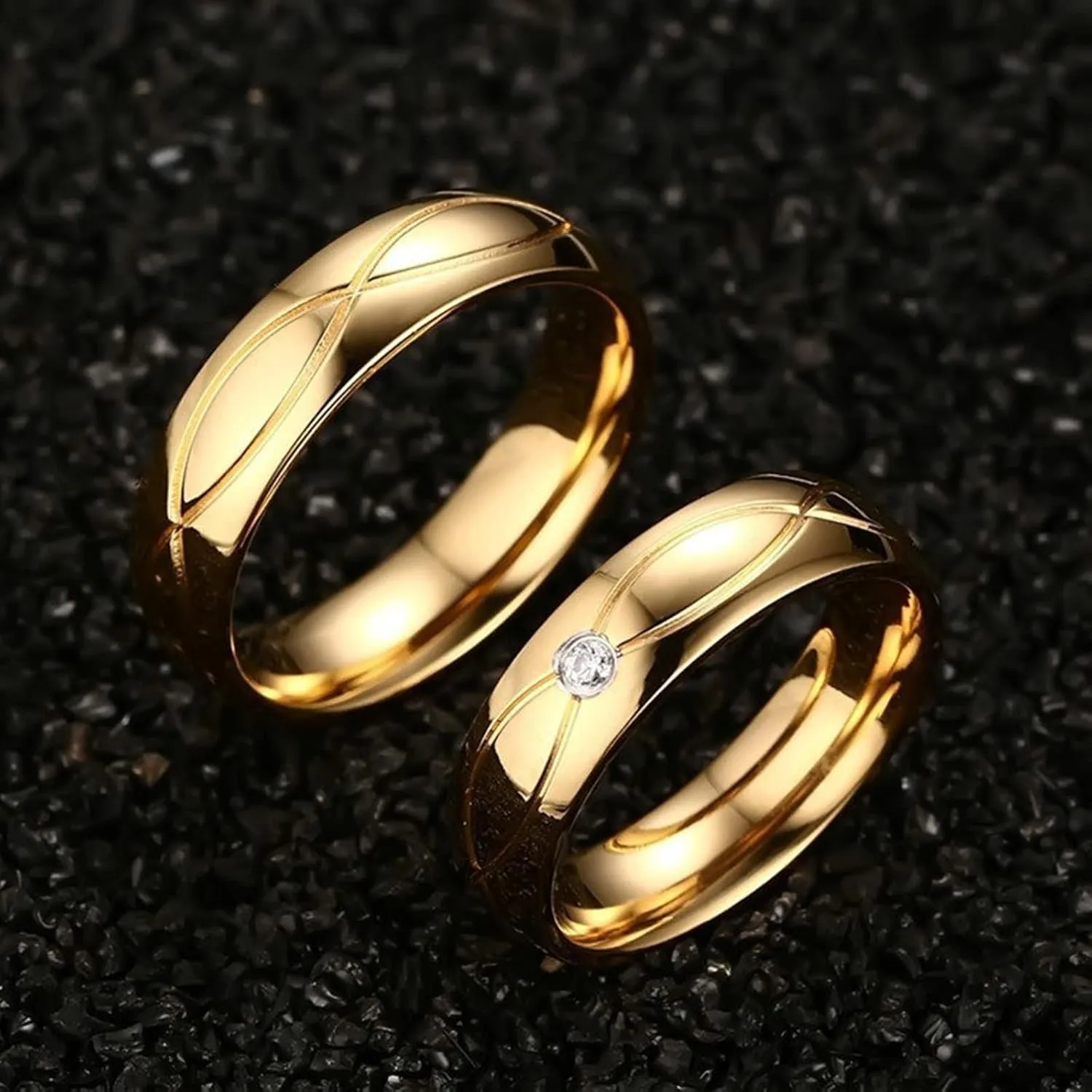 His and Her Couples Rings, Matching Wedding Rings Set Stainless Steel Comfort Fit 5mm Gold Ring with Cubic Zirconia