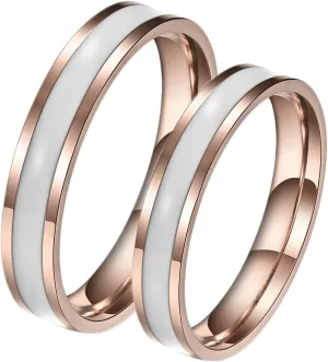 His and Her Rings Promise, Stainless Steel Matching Wedding Rings Set Comfort Fit 4mm Rose Gold Ring with White Enamel
