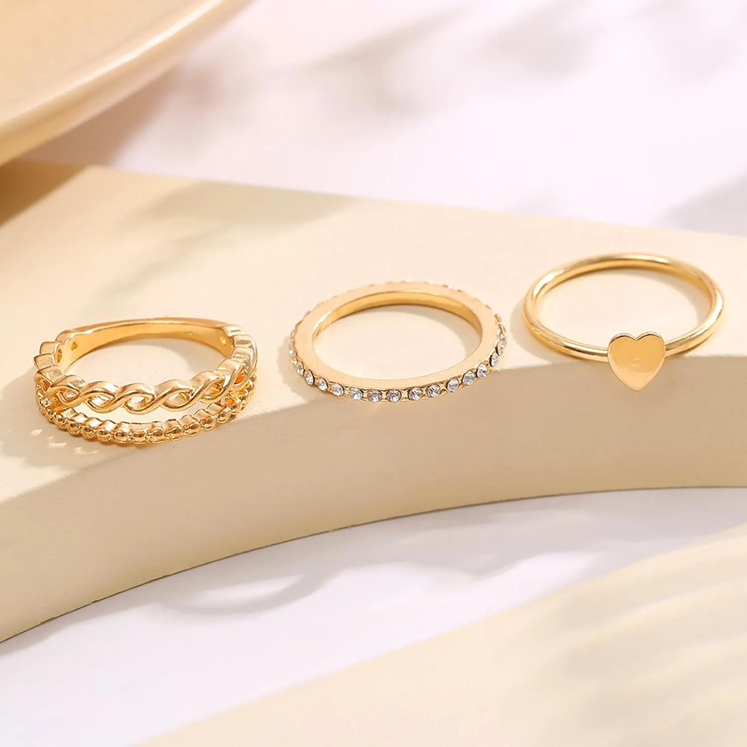 HUASAI Heart Rings for Women Gold Stackable Rings Set Pearl Rings Dainty Rhinestone Rings Boho Knuckle Rings Twist Ring Midi Pinky Rings Set Birthday Gifts