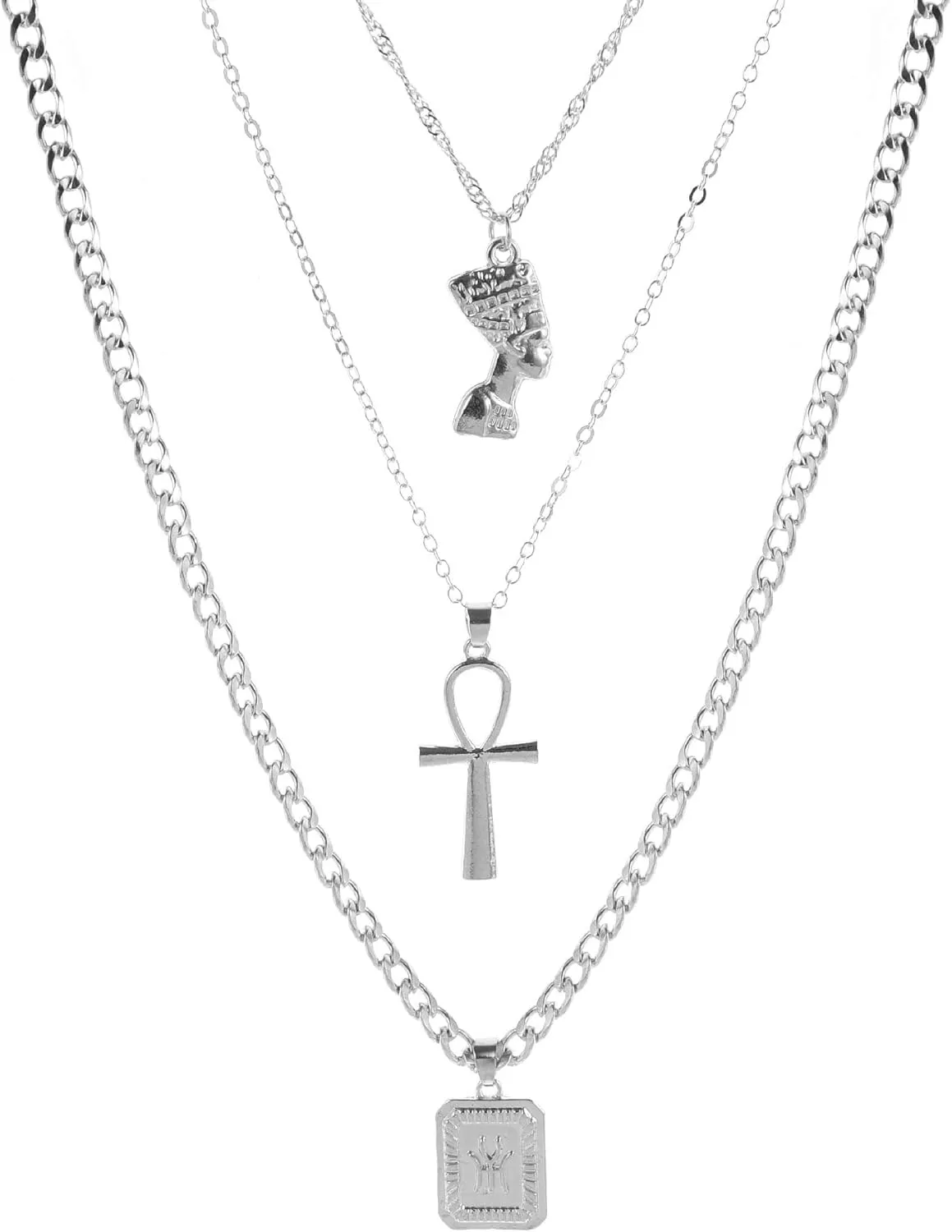 HUJUON 3-Layer Nefertiti Pharaoh Necklace. Punk Gold Egyptian Queen Cross Pendant Necklace,Hip Hop African Women Men Jewelry