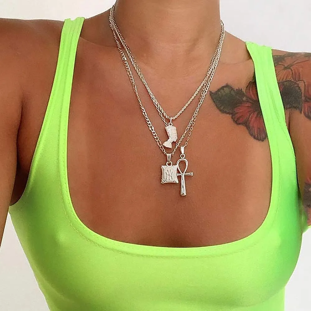 HUJUON 3-Layer Nefertiti Pharaoh Necklace. Punk Gold Egyptian Queen Cross Pendant Necklace,Hip Hop African Women Men Jewelry