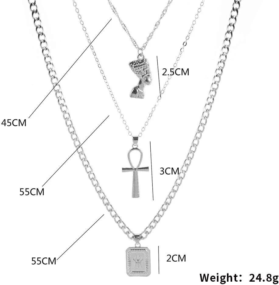 HUJUON 3-Layer Nefertiti Pharaoh Necklace. Punk Gold Egyptian Queen Cross Pendant Necklace,Hip Hop African Women Men Jewelry