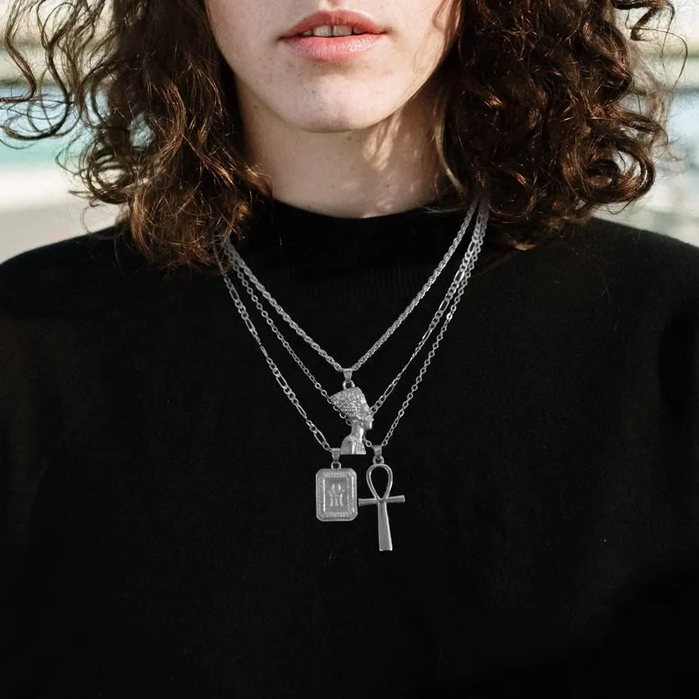 HUJUON 3-Layer Nefertiti Pharaoh Necklace. Punk Gold Egyptian Queen Cross Pendant Necklace,Hip Hop African Women Men Jewelry