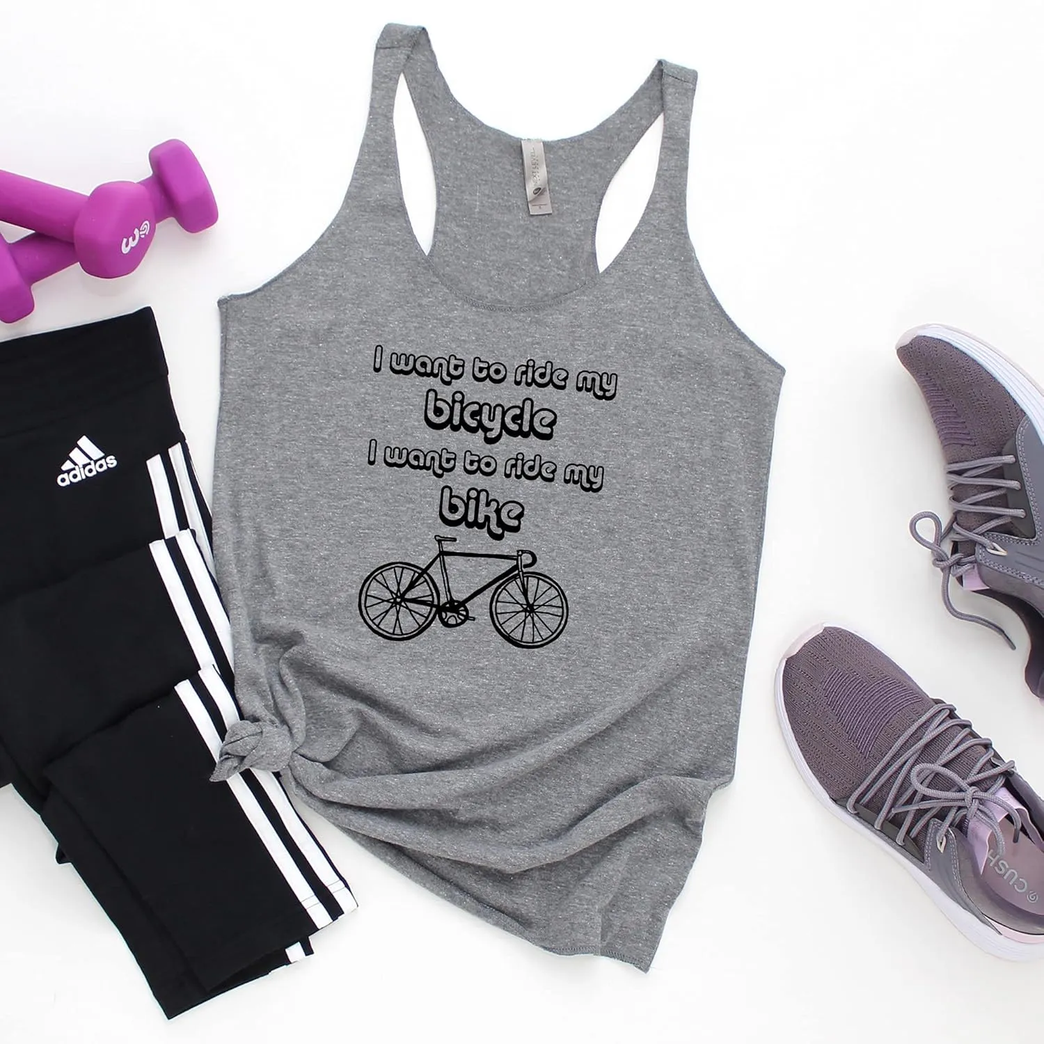 I Want To Ride My Bicycle/Bike/Queen, Women's Graphic Racerback Tank Top by Moonlight Makers, Gift for Her, Shirts with Sayings, Yoga Tee (L, Heather Gray)