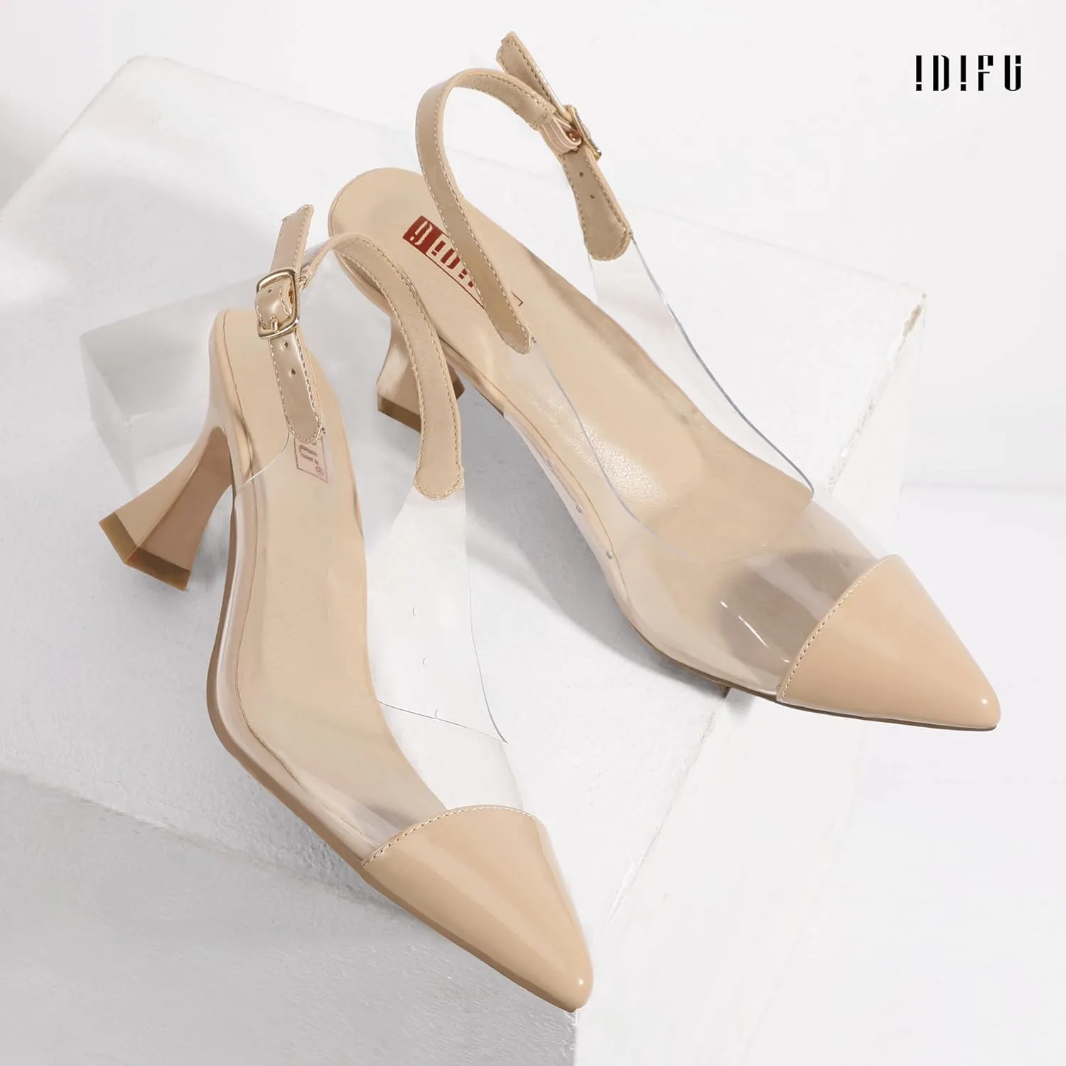IDIFU IN3 Clear Kitten Heels Women's Pumps Closed Pointed Toe Slingback Low Short Heels Dress Shoes for Women Wedding Bridal Bridesmaid Prom Party Sexy Dressy Cute Trendy Pumps Shoes